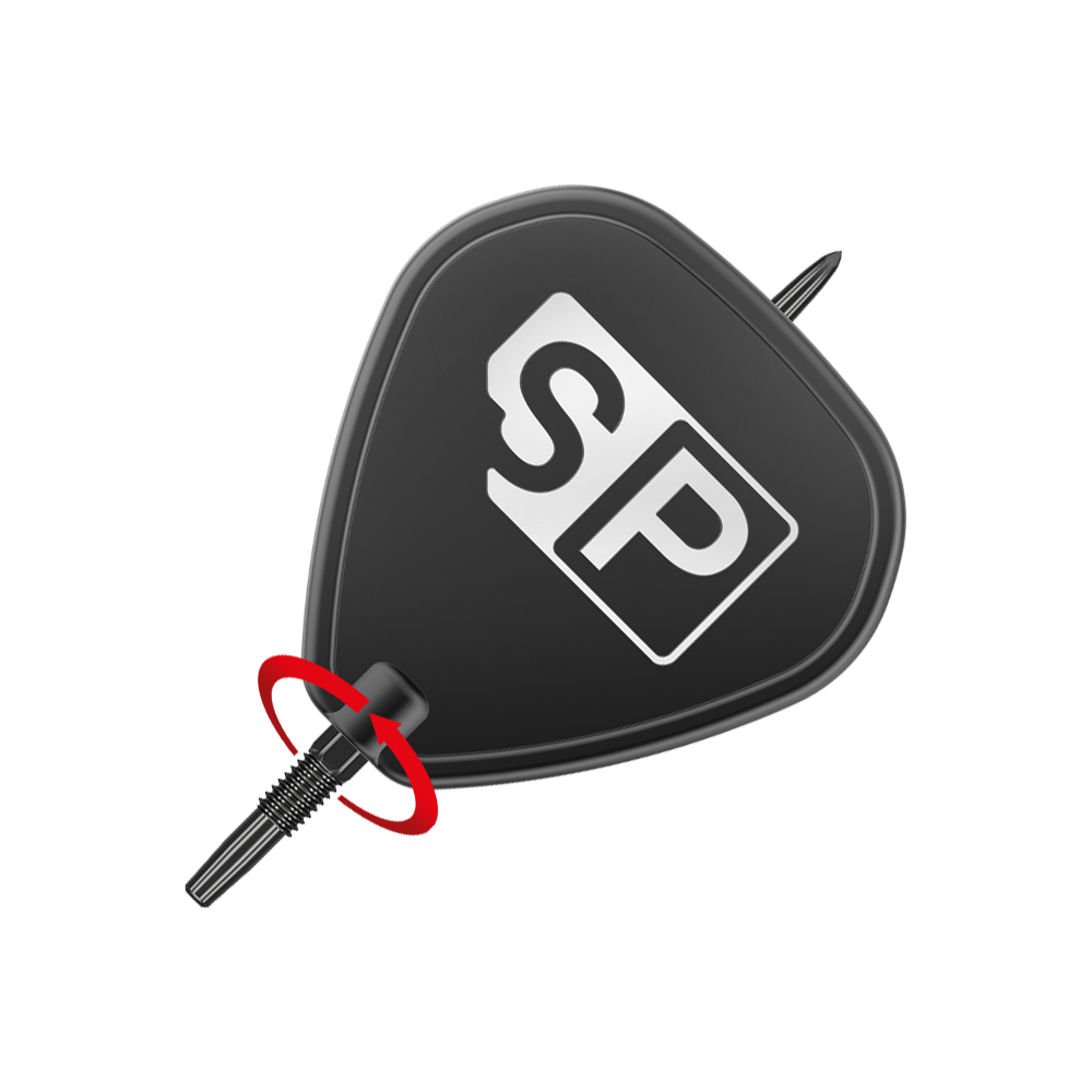 Target Swiss Point GRD Black Dartspitzen Das Bild zeigt die Target Swiss Point GRD Black Dartspitzen. Die Dartspitze ist schwarz und trägt das weiße "SP"-Logo.