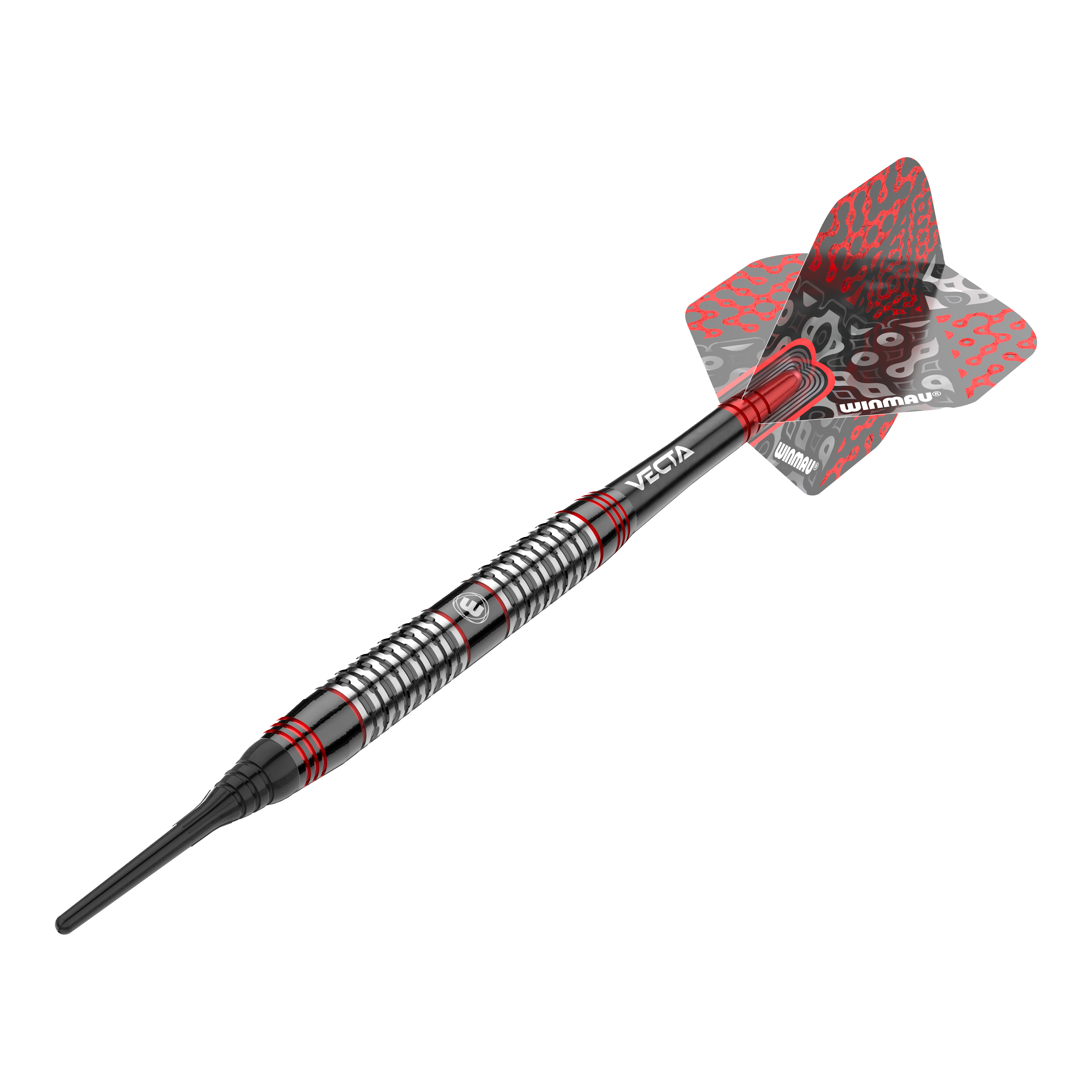 Dardos blandos Winmau Cypher - 20 g Dies ist ein Winmau Cypher Softdart mit einem Gewicht von 20 Gramm. Der Dart hat ein modernes Design mit schwarzen, silbernen und roten Akzenten.