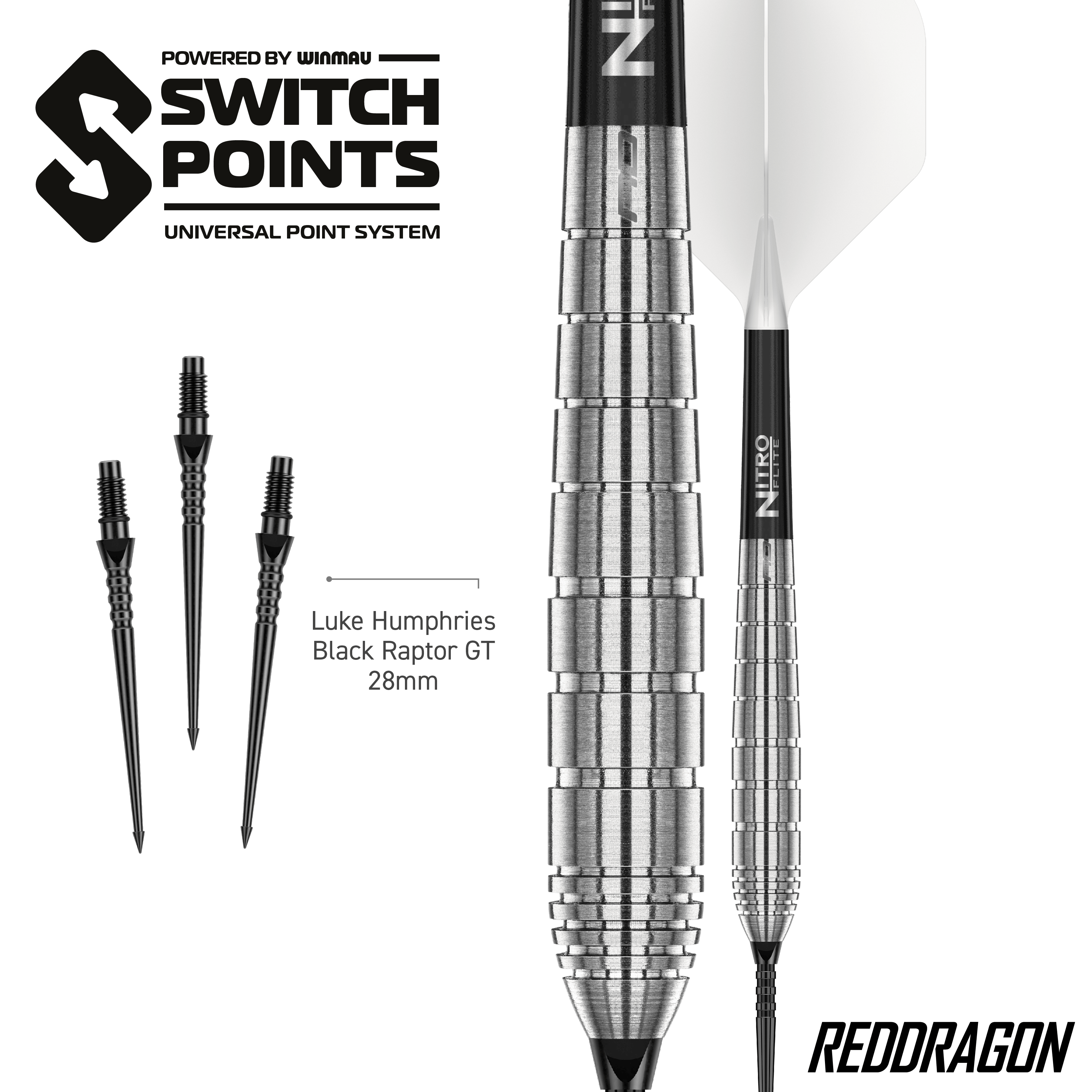 Das Bild zeigt die Red Dragon Luke Humphries TX1 Pioneer Switch Point Steeldarts. Diese Steeldarts sind hochwertig verarbeitet.