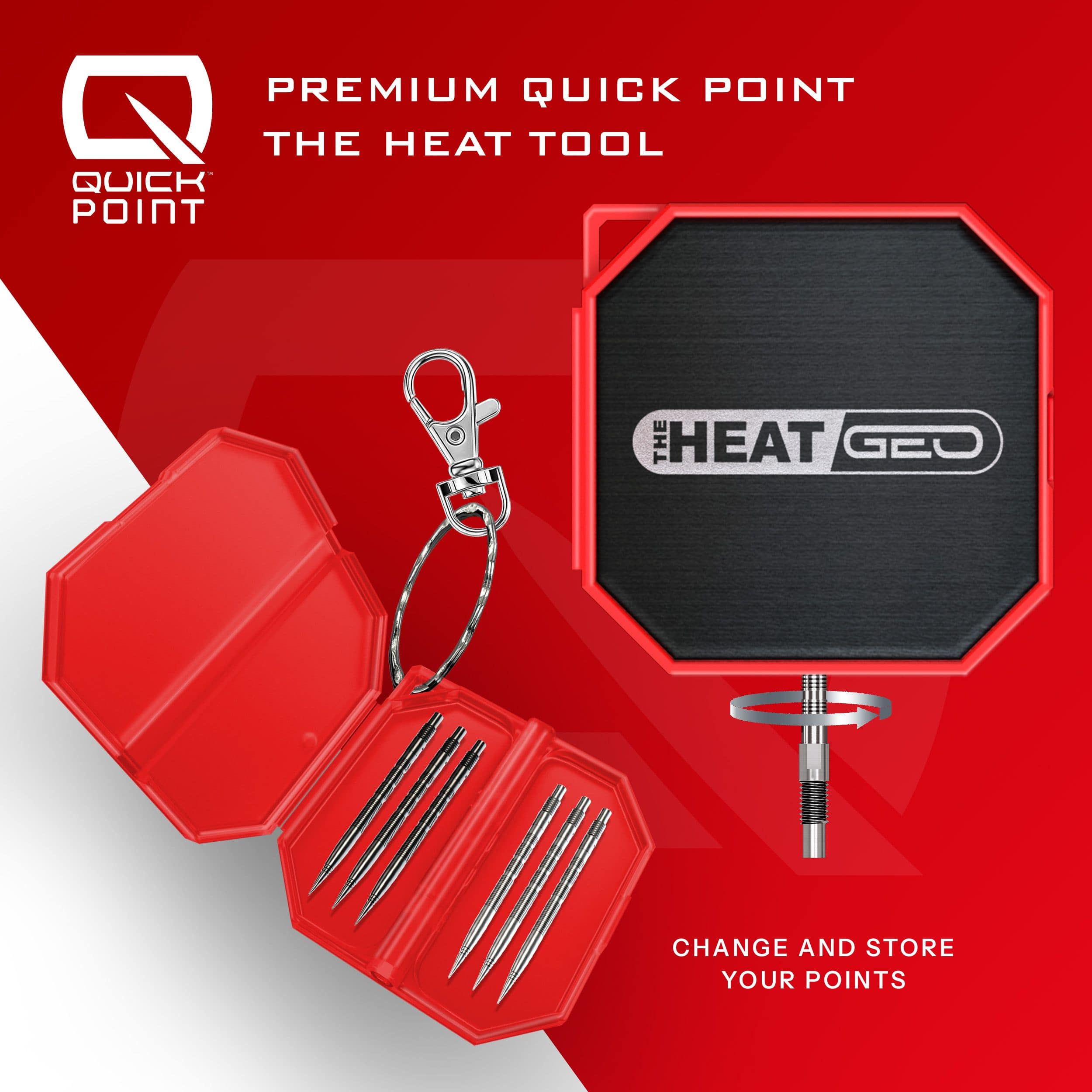 Ein Steeldart der Damon Heta GEO QuickPoint Serie ist zu sehen. Der Dart ist fein graviert und silberfarben.