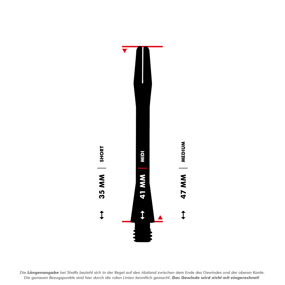 HR366_Harrows_Keramic_Shafts_5_41mm Das Bild zeigt die unterschiedlichen Längen der Harrows Keramic Shafts - Gun Metal, nämlich Short (35 mm), Midi (41 mm) und Medium (47 mm). Die Längen werden ohne das Gewinde gemessen, wie durch die roten Linien angezeigt.