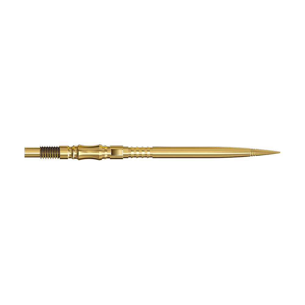 Harrows Quick Point Axis Elite Series Dartspitzen - Gold Zwei lange, goldene Dartspitzen werden seitlich gezeigt. Beide Spitzen liegen parallel auf einer hellen Fläche.
