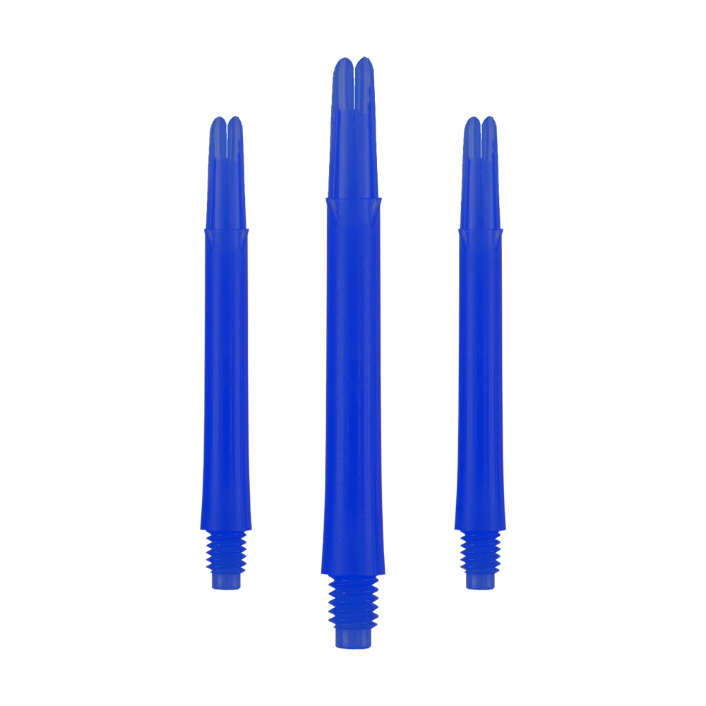 Arbres en L verrouillés droits - Bleus Auf dem Bild sind drei blaue, gerade Dartschäfte zu sehen. Sie stehen nebeneinander und haben unten ein Schraubgewinde.