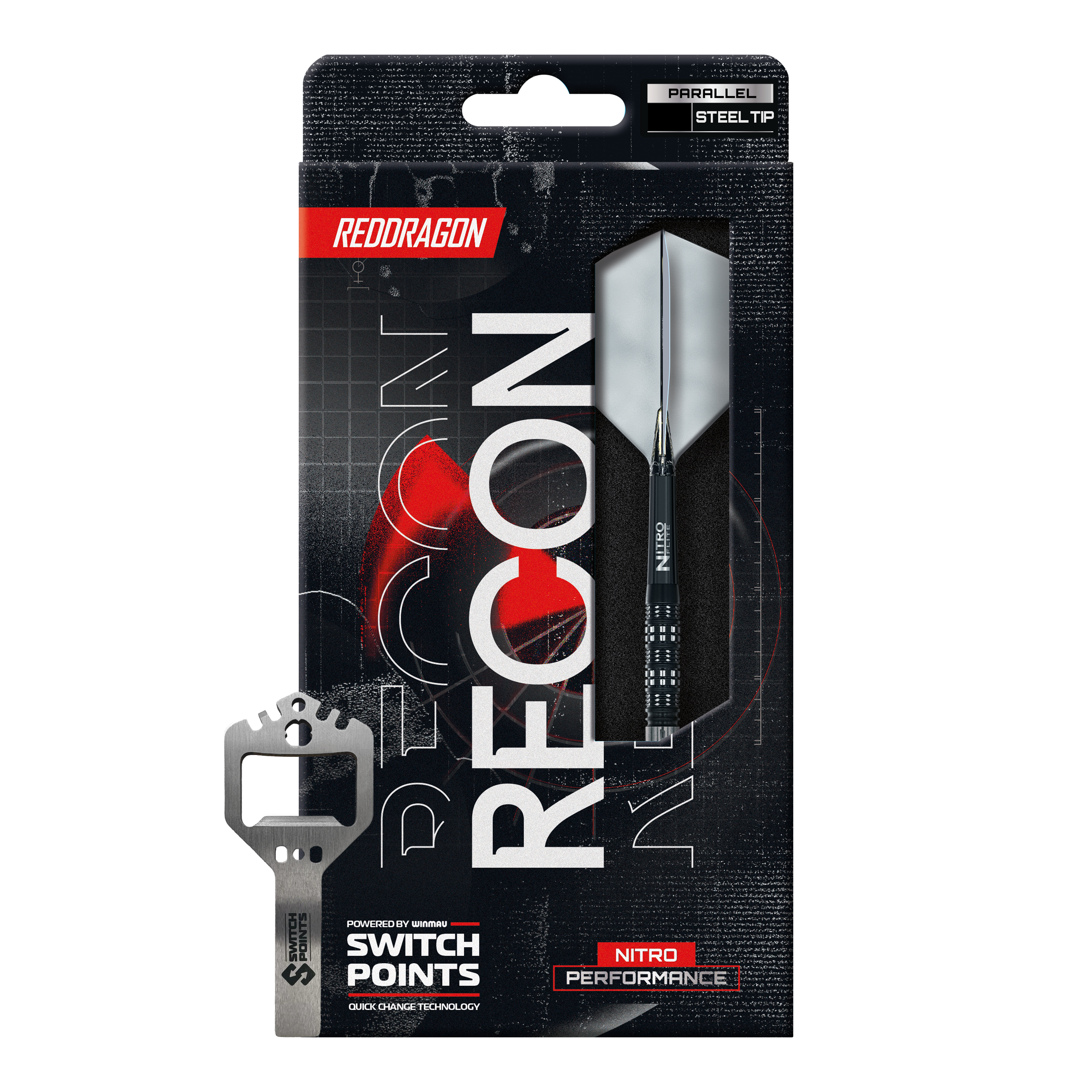 Red Dragon Recon Parallel Steeldarts Abgebildet sind die Red Dragon Recon Parallel Steeldarts. Das Bild zeigt das Design und die Form der Steeldarts.