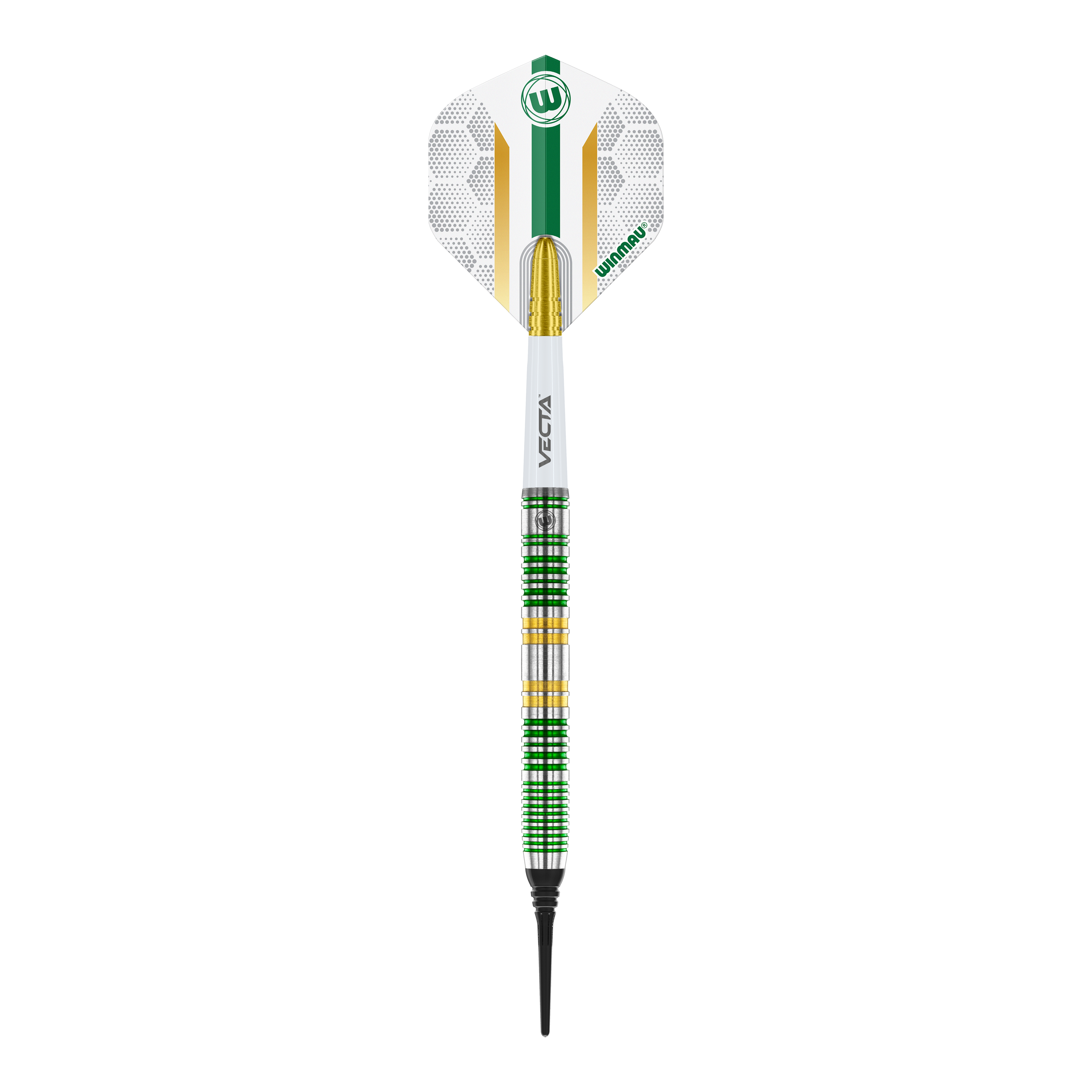 Dardos blandos Winmau Xenon - 20 g Dies ist ein Winmau Xenon Softdart mit einem Gewicht von 20 Gramm. Der Dart hat ein modernes Design mit grünen, weißen und goldenen Akzenten.