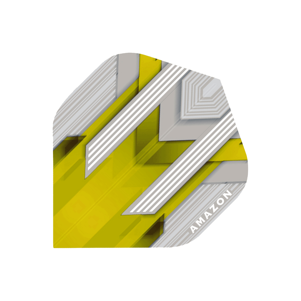 A34-Amazon-Flights-No2-Yellow Das Bild zeigt einen Dart-Flügel mit gelbem und silbernem Muster. In einer Ecke steht das Wort "AMAZON" geschrieben.