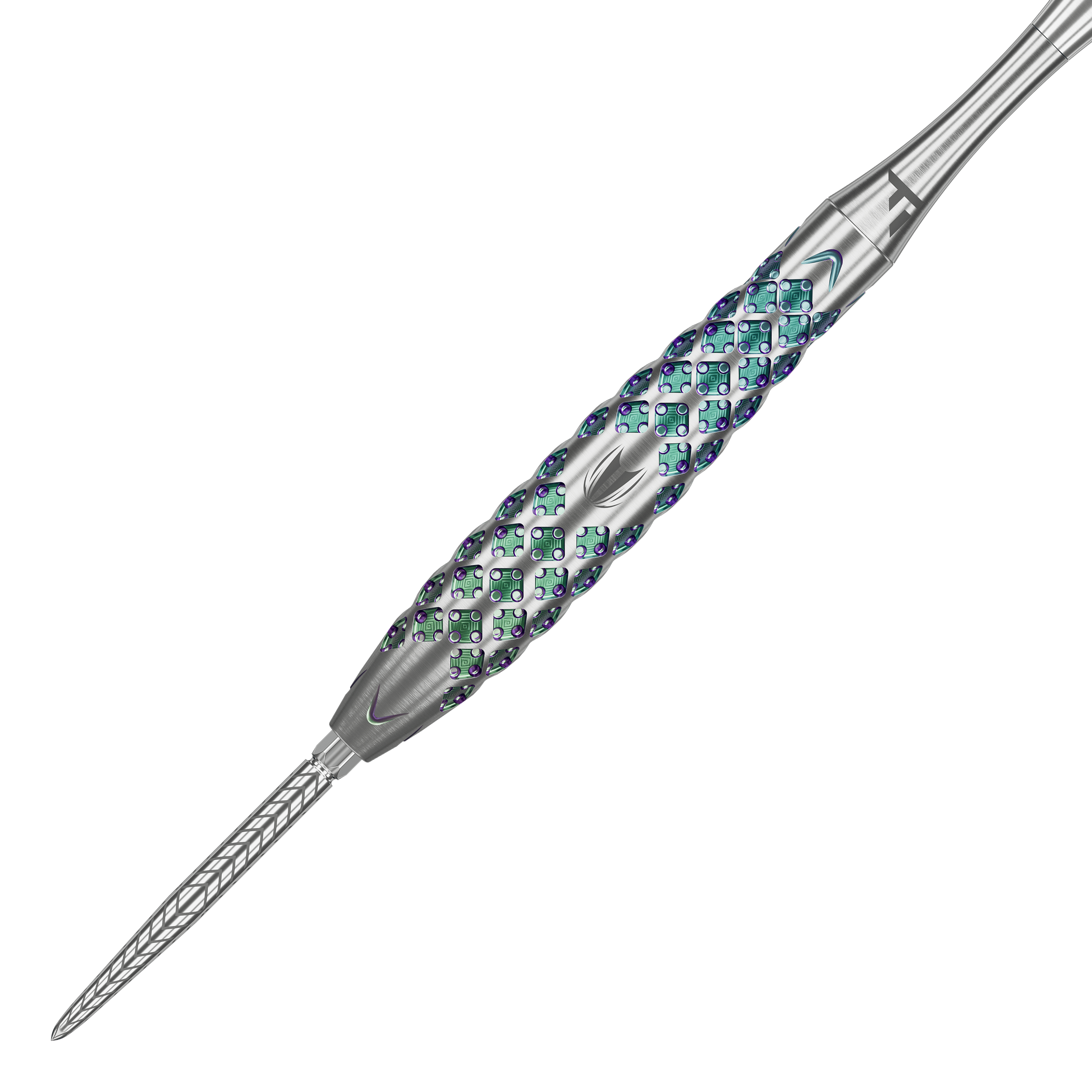 Dardos de acero Target Rove 02 Swiss Point Das Bild zeigt einen Target Rove 02 Swiss Point Steeldart. Der Dartpfeil hat ein silbernes Gehäuse mit auffälligem, farbigem Muster und präziser Gravur.