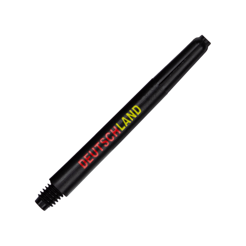 792_Nylon_Shafts_Deutschland_48mm_2 Das Bild zeigt einen schwarzen Nylon Shaft mit der Aufschrift "DEUTSCHLAND" in den Farben der deutschen Flagge. Der Shaft hat ein Schraubgewinde am unteren Ende.