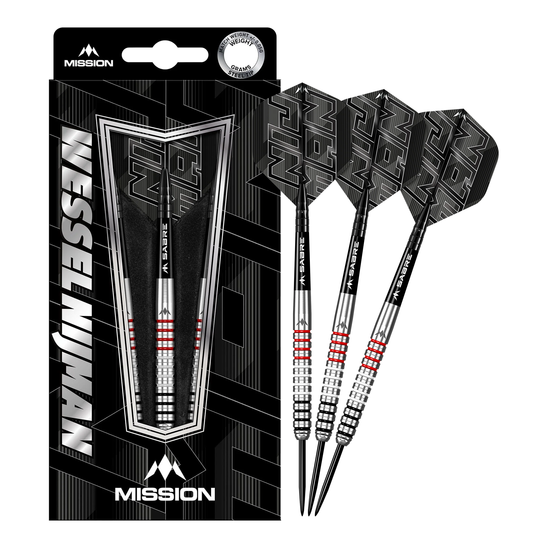 Mission Wessel Nijman steel darts - 23g Das Bild zeigt das Produkt "Mission Wessel Nijman Steeldarts - 23g" in seiner Verpackung. Rechts neben der Verpackung sind drei Steeldarts mit schwarzem Flight und silbernen Schäften abgebildet.