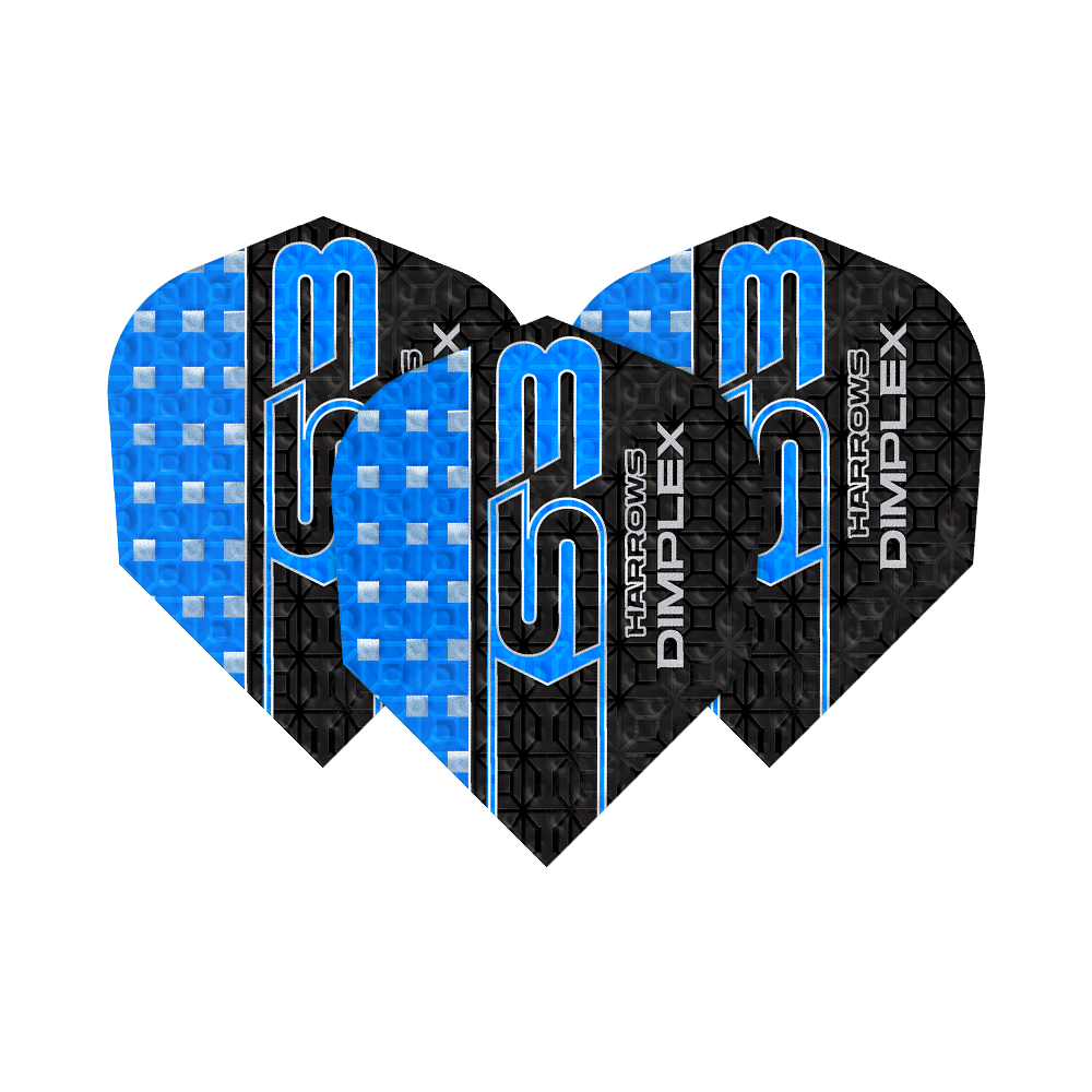 Letky Harrows Dimplex S3 - modré Das Bild zeigt drei blaue Harrows Dimplex S3 Flights für Darts. Die Flights haben ein auffälliges Design mit blauen und schwarzen Mustern sowie der Aufschrift "S3" und "Dimplex".