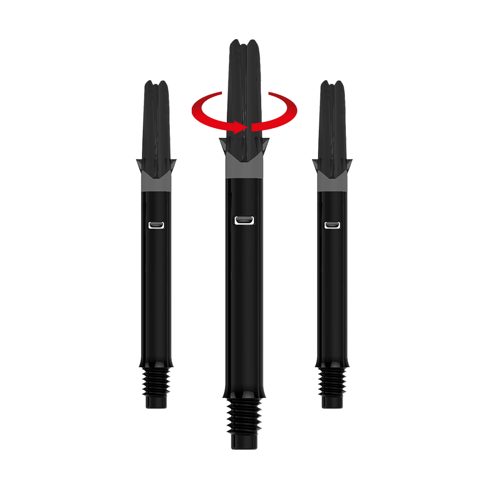 L-Style L-Shafts Silent Straight - Schwarz 330 Das Bild zeigt drei schwarze Dartschäfte ohne Kappen. Über dem mittleren Schaft ist ein roter Pfeil, der eine Drehbewegung anzeigt.