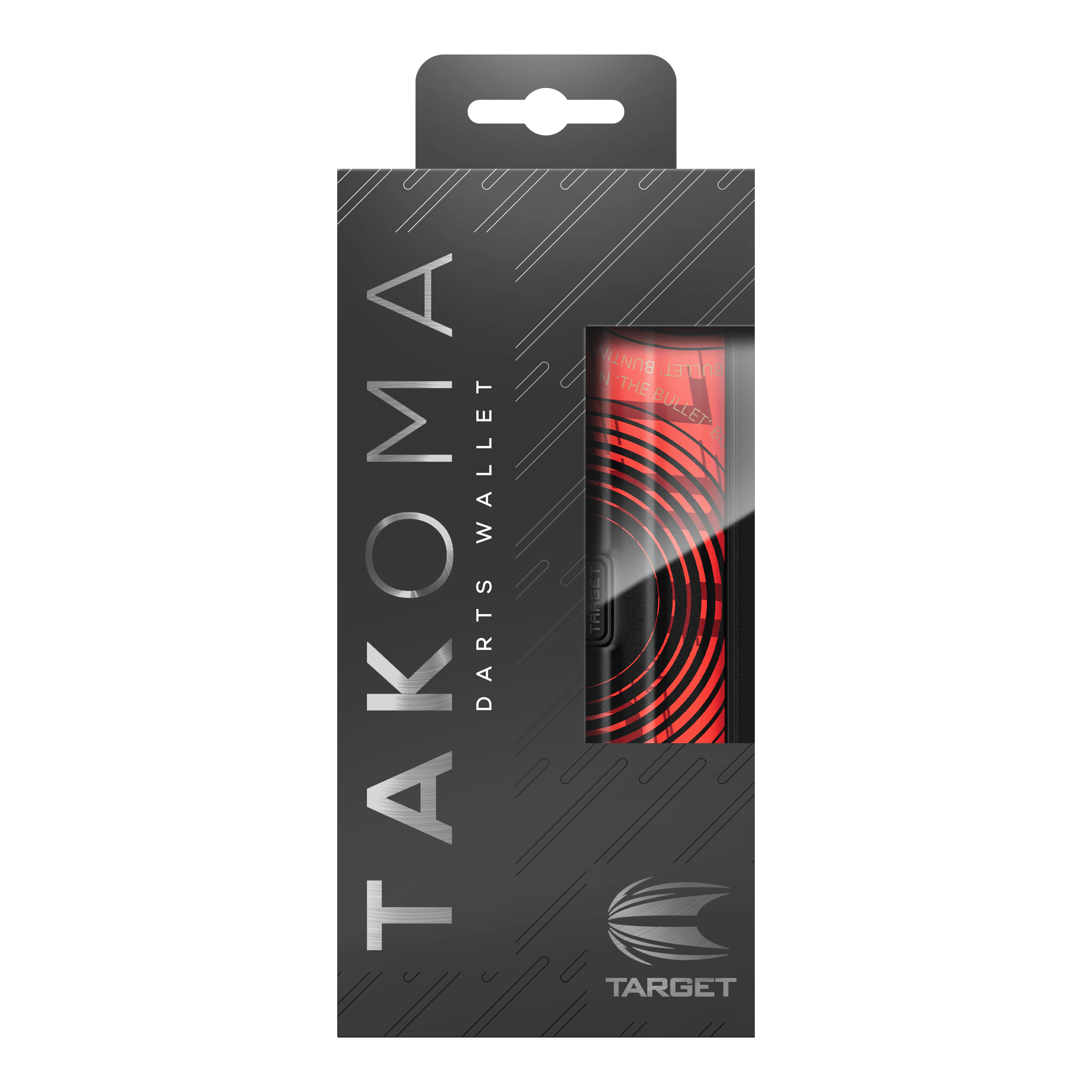Pouzdro na šipky Target Takoma Stephen Bunting Die Abbildung zeigt die Verpackung des Produktes „Target Takoma Stephen Bunting Dartcase“. Das Etui ist rot-schwarz gestaltet und befindet sich in einer eleganten, schwarzen Box mit Sichtfenster.