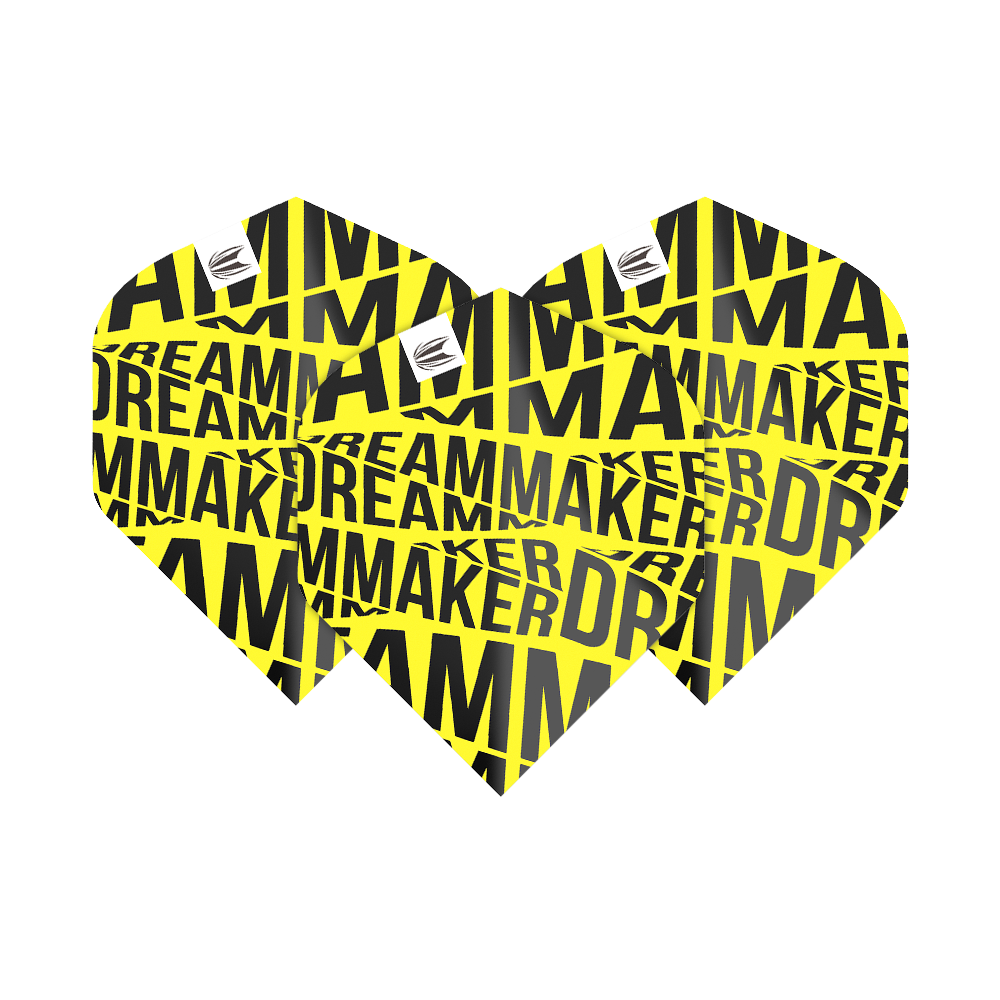 TG81_336570_Target_Pro_Ultra_Dimitri_Van_Den_Bergh_Yellow_No2_Standard_Flights_18hFQT9EUOlowU Das Bild zeigt drei gelbe Dart-Flights mit schwarzem Schriftzug "DREAMMAKER". Es handelt sich um die Target Pro Ultra Dimitri Van Den Bergh Yellow No2 Standard Flights.