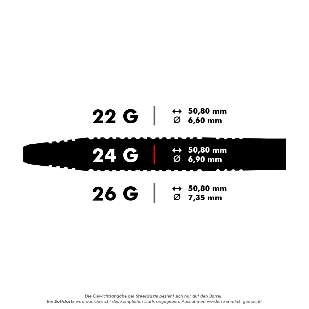 Das Bild zeigt drei verschiedene Gewichte von Steeldarts: 22g, 24g und 26g, jeweils mit ihren Längen und Durchmessern. Die Maße sind für alle Längen gleich (50,80 mm), während sich die Durchmesser je nach Gewicht unterscheiden.