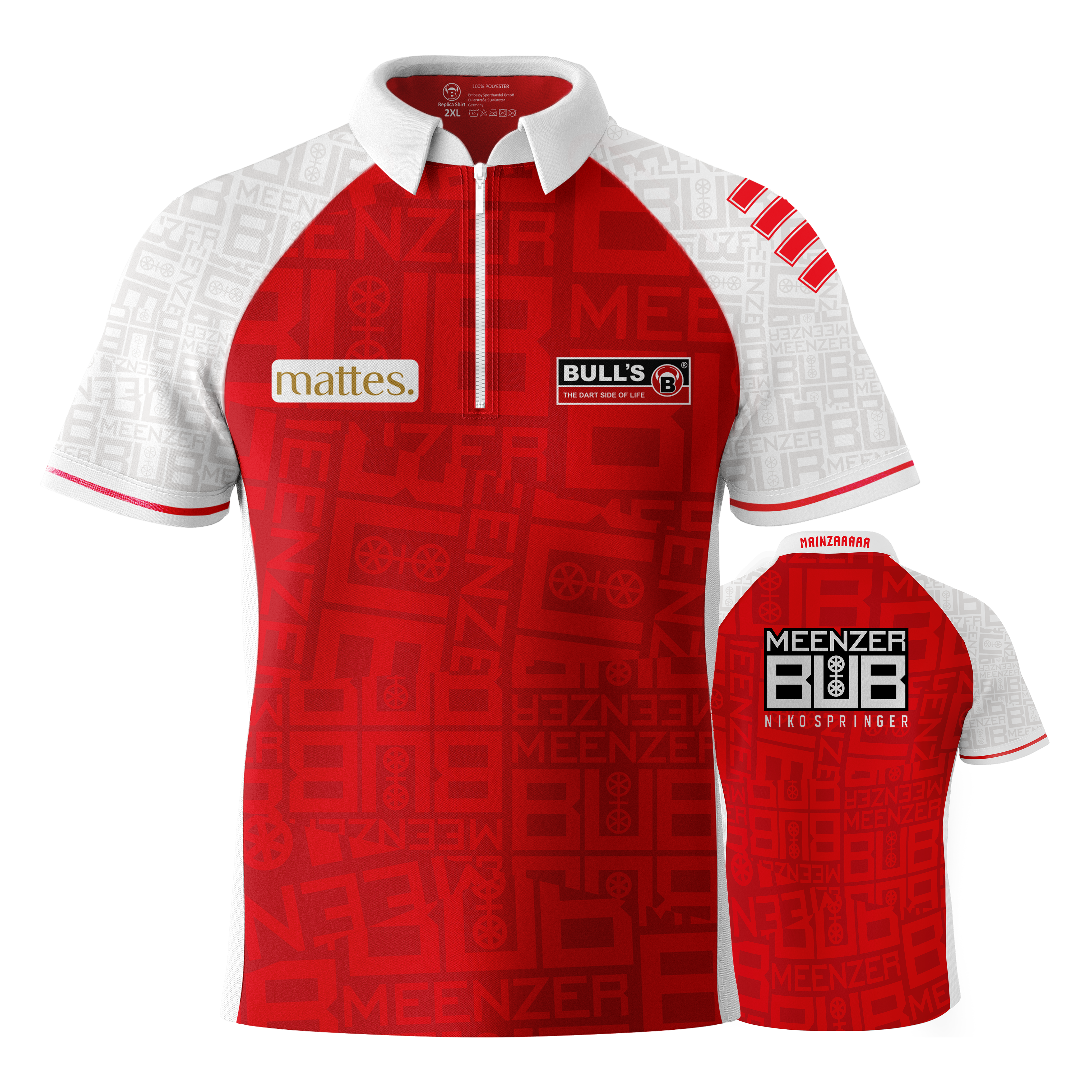 Koszulka Bulls Niko Springer Meenzer Bub Dart Das Bild zeigt das Dartshirt "Bulls Niko Springer Meenzer Bub" in Rot und Weiß. Auf der Vorder- und Rückseite sind verschiedene Logos und Schriftzüge abgebildet.