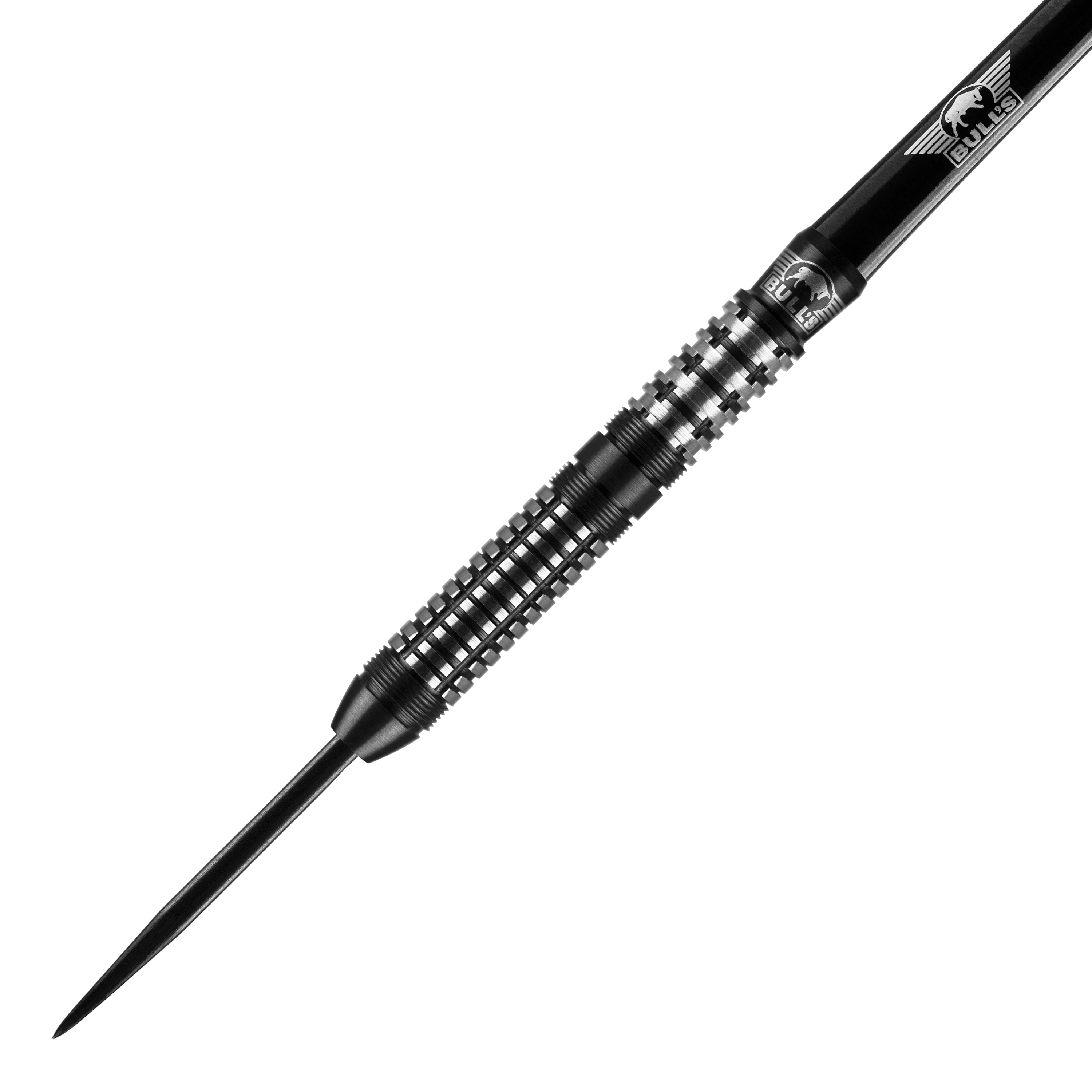 Bulls NL Luna Neoma Steeldarts Das Bild zeigt einen Bulls NL Luna Neoma Steeldart. Der Dartpfeil ist schwarz-silbern und hat ein feines, geriffeltes Griffdesign.