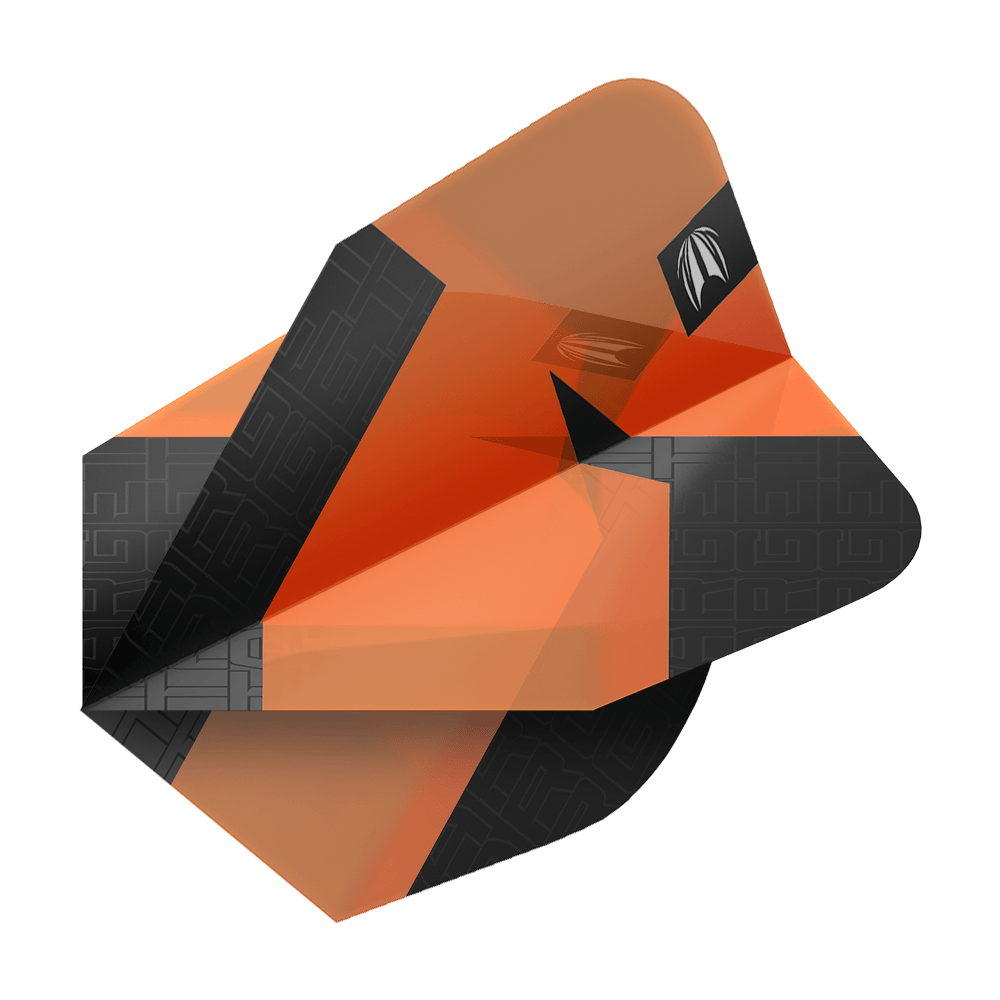 Target Pro Ultra TAG Orange Ten-X Standard Flights - 3 sets Das Bild zeigt ein orange-schwarzes Dart-Flight mit geometrischem Muster. Es handelt sich um das Produkt "Target Pro Ultra TAG Orange Ten-X Standard Flights - 3 Sets".