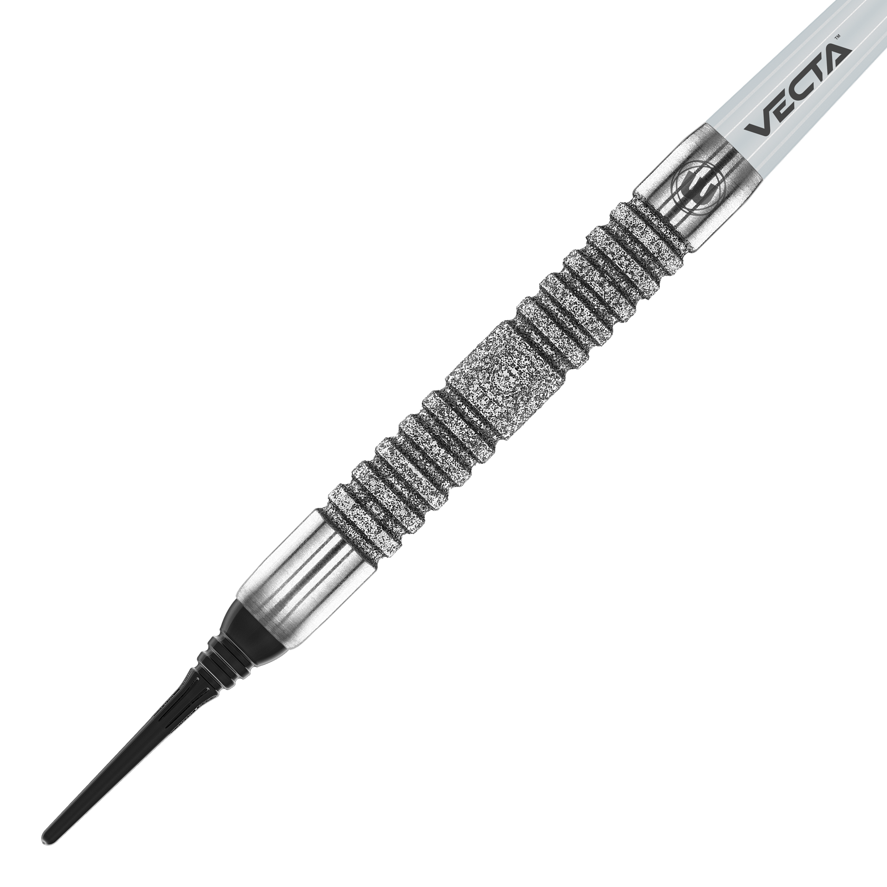 Dardos blandos Winmau Jules Van Dongen - 20g Das Bild zeigt den Winmau Jules Van Dongen Softdart mit einem Gewicht von 20g. Der Dart hat ein silbernes, geriffeltes Griffstück und eine schwarze Spitze.