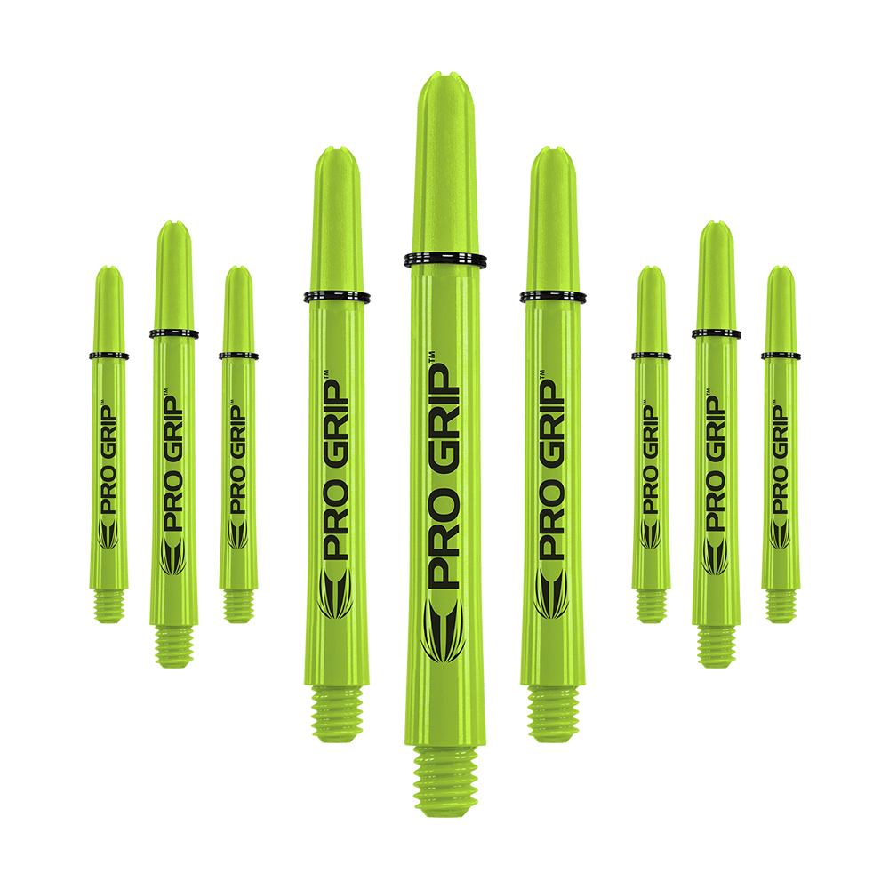 Auf dem Bild sind mehrere limegrüne Dartschäfte mit der Aufschrift "PRO GRIP" zu sehen. Sie sind in drei Sets zu je drei Stück angeordnet.