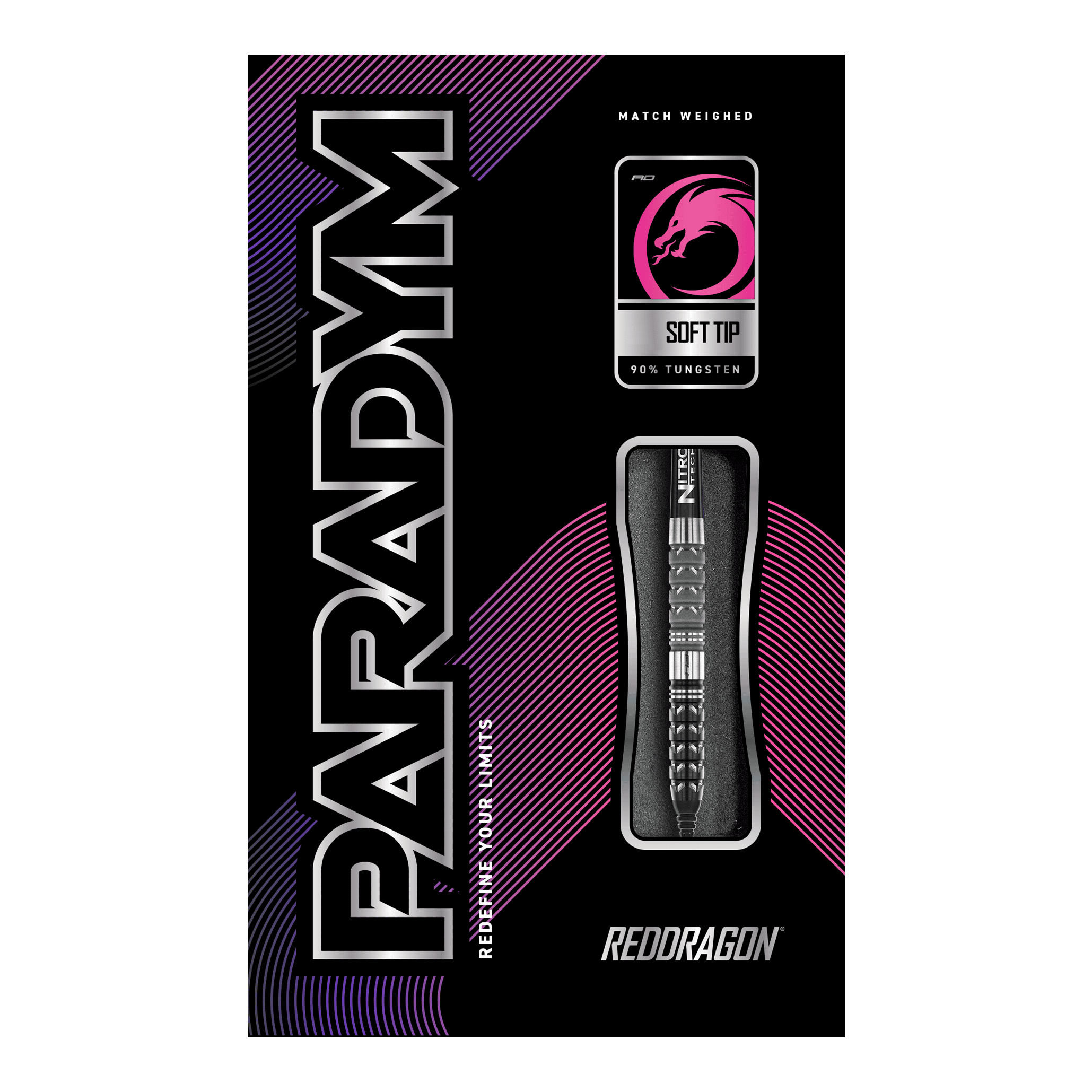 Šipky Red Dragon Paradym Tapered Soft - 20g Das Bild zeigt die Verpackung der "Red Dragon Paradym Tapered Softdarts - 20g". Die Verpackung ist schwarz mit auffälligen pinken und silbernen Akzenten und zeigt den Dartpfeil und das Red Dragon Logo.