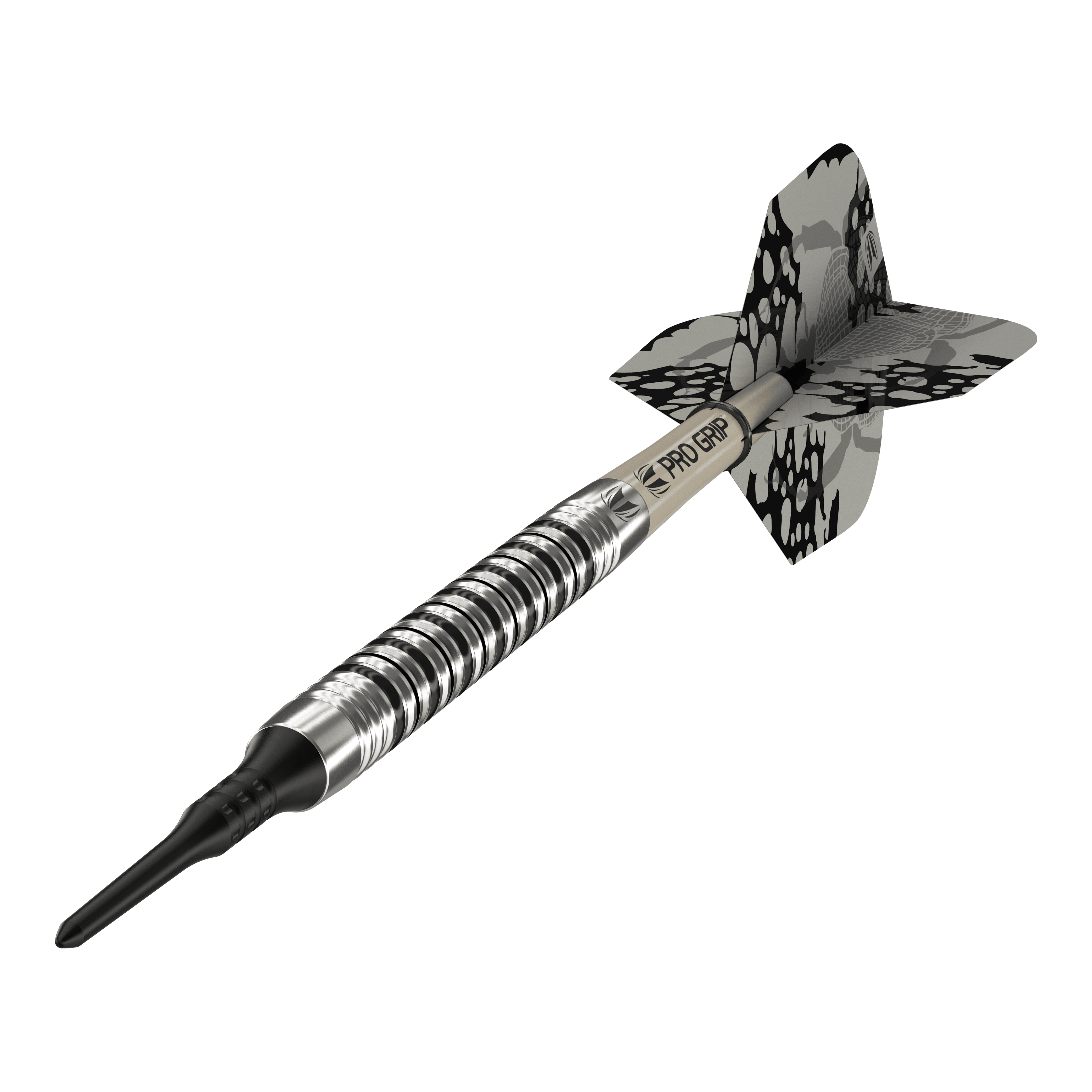Freccette morbide Target EXO 11 Das Bild zeigt den Softdart "Target EXO 11". Er hat ein silber-schwarzes Design mit einem gemusterten Flight und einem Pro Grip Schaft.