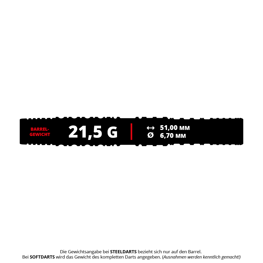 Dardos blandos Target Japan Prime Series Sirius GEN4 - 21,5 g Das Bild zeigt die Spezifikationen des Produkts "Target Japan Prime Series Sirius GEN4 Softdarts - 21,5g". Es wiegt 21,5 Gramm, ist 51,00 mm lang und hat einen Durchmesser von 6,70 mm.