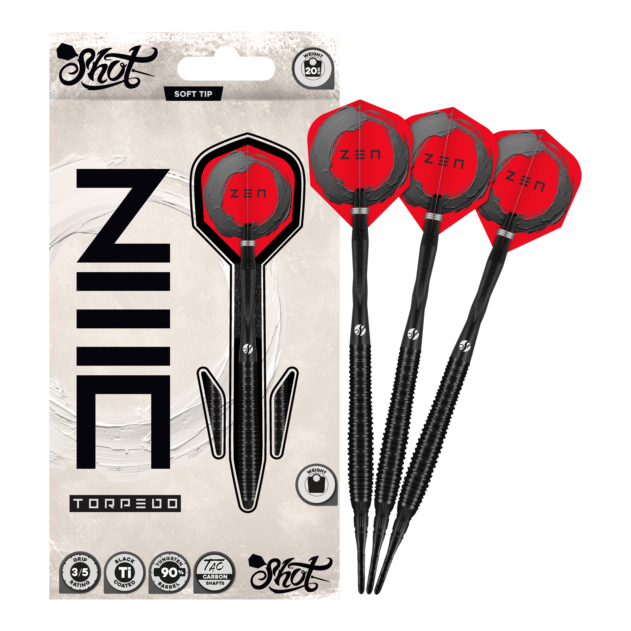 Shoty ZEN Torpedo Soft Darts - 20g Abgebildet sind die Shot ZEN Torpedo Softdarts - 20g in voller Länge. Der Dart ist für Präzision Wurftechnik bekannt.