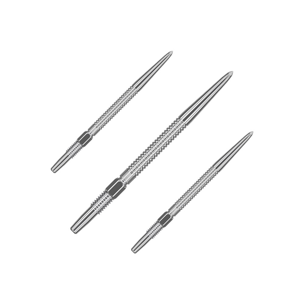 Puntas de dardos Target Swiss Point GRD Silver Das Bild zeigt drei silberne Dartspitzen des Produkts "Target Swiss Point GRD Silver Dartspitzen". Sie sind schlank, aus Metall gefertigt und haben eine strukturierte Oberfläche für besseren Halt.