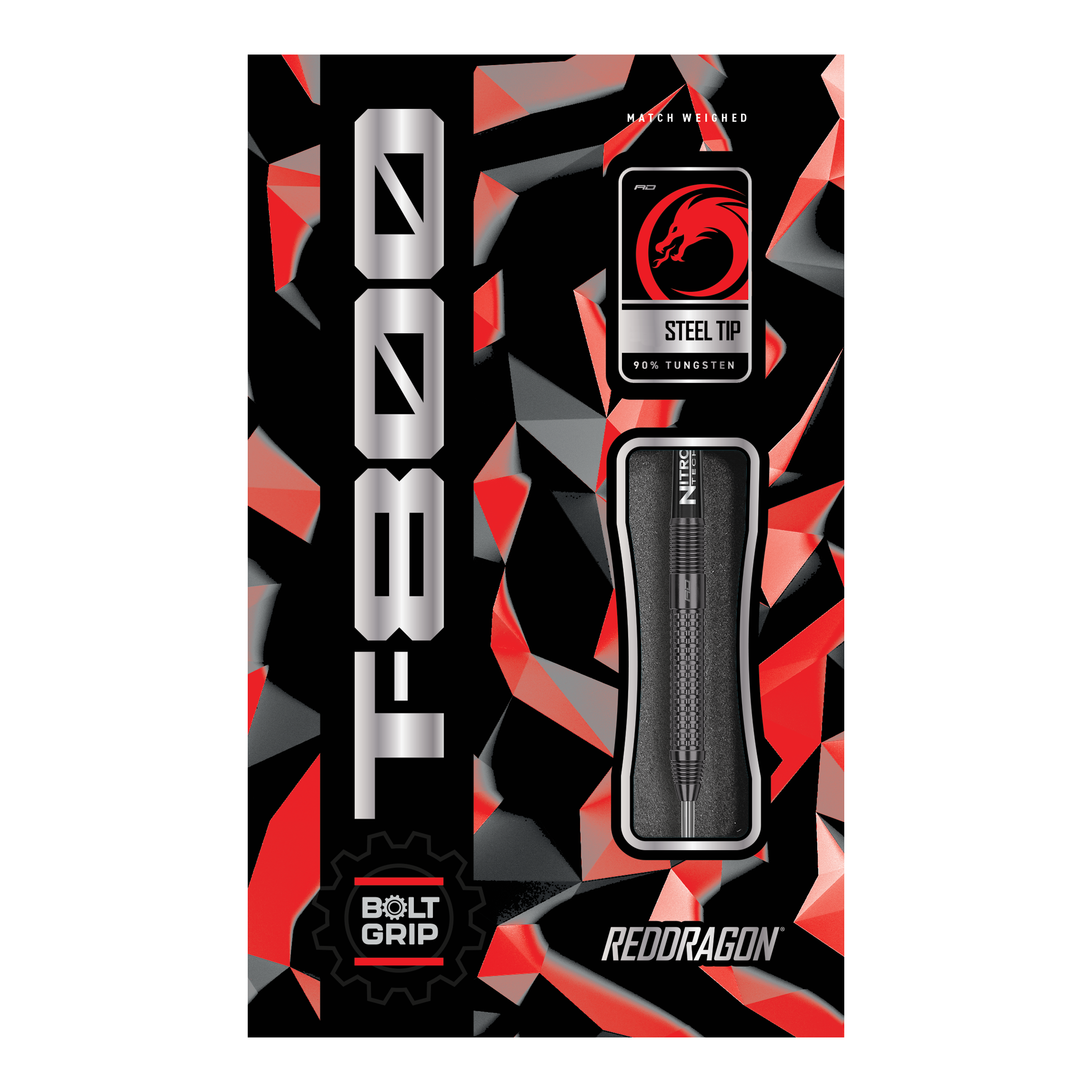 Dardos de acero Red Dragon T-800 Die Abbildung zeigt die Verpackung der Red Dragon T-800 Steeldarts. Das Design ist schwarz mit roten und silbernen Akzenten, und der Dartpfeil ist in der Mitte sichtbar.