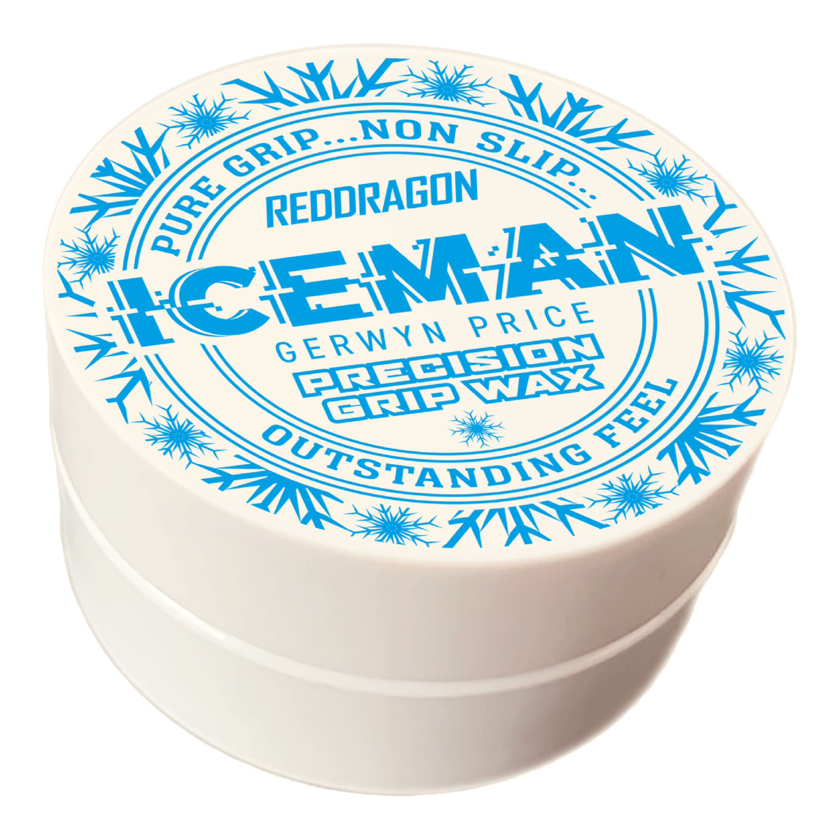 Cera para dedos Red Dragon Gerwyn Price Iceman Precision Grip Wax Das Bild zeigt eine weiße Dose mit der Aufschrift „Red Dragon Gerwyn Price Iceman Precision Grip Wax“. Auf dem Deckel sind blaue Schneeflocken und Werbeslogans wie „Pure Grip… Non Slip… Outstanding Feel“ abgebildet.