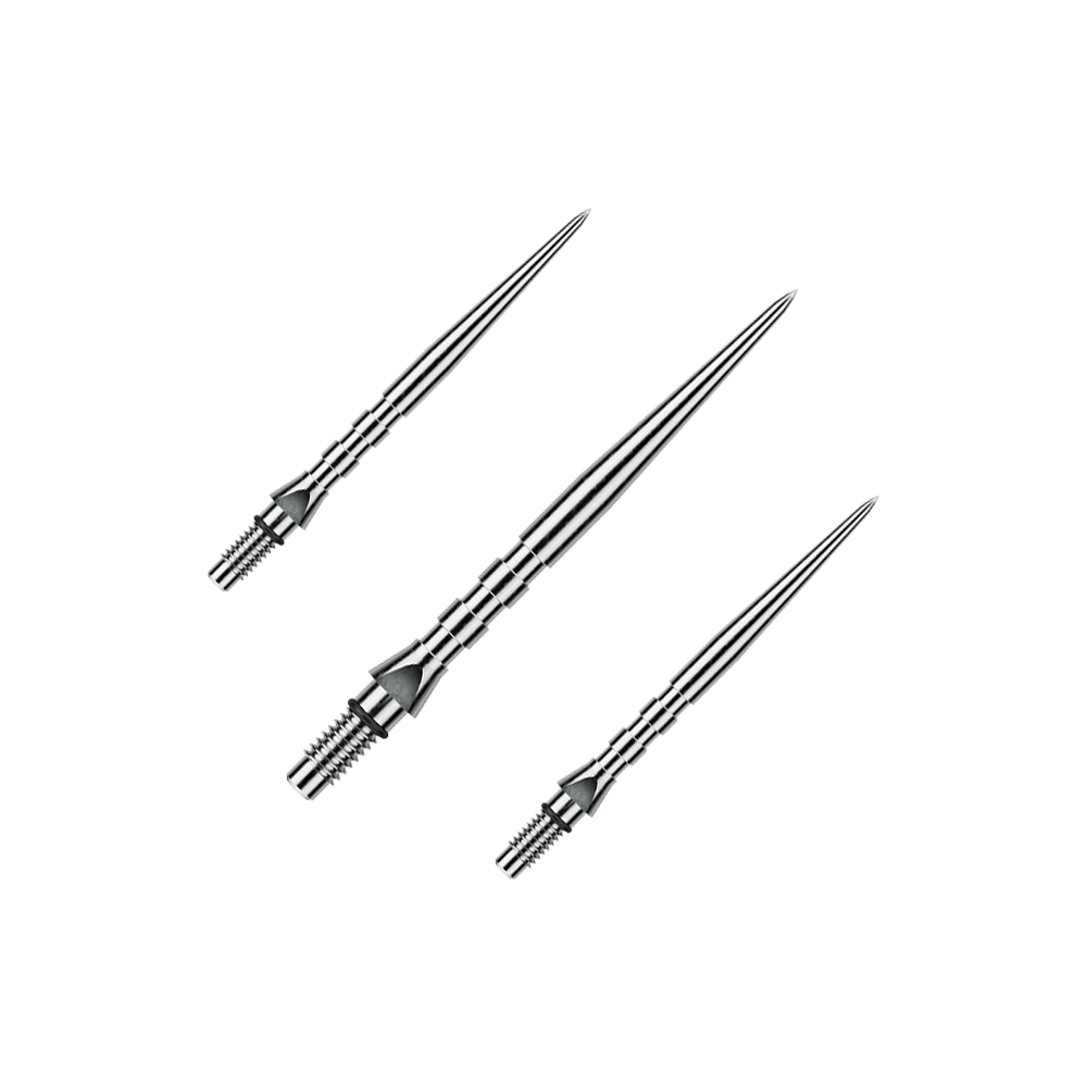 Winmau Switch Point Groove steel dart tips - Silver Effect Das Foto stellt ein Set von Winmau Switch Point Groove Steeldartspitzen mit 30mm Länge dar. Mehrere silberne Spitzen liegen nebeneinander.