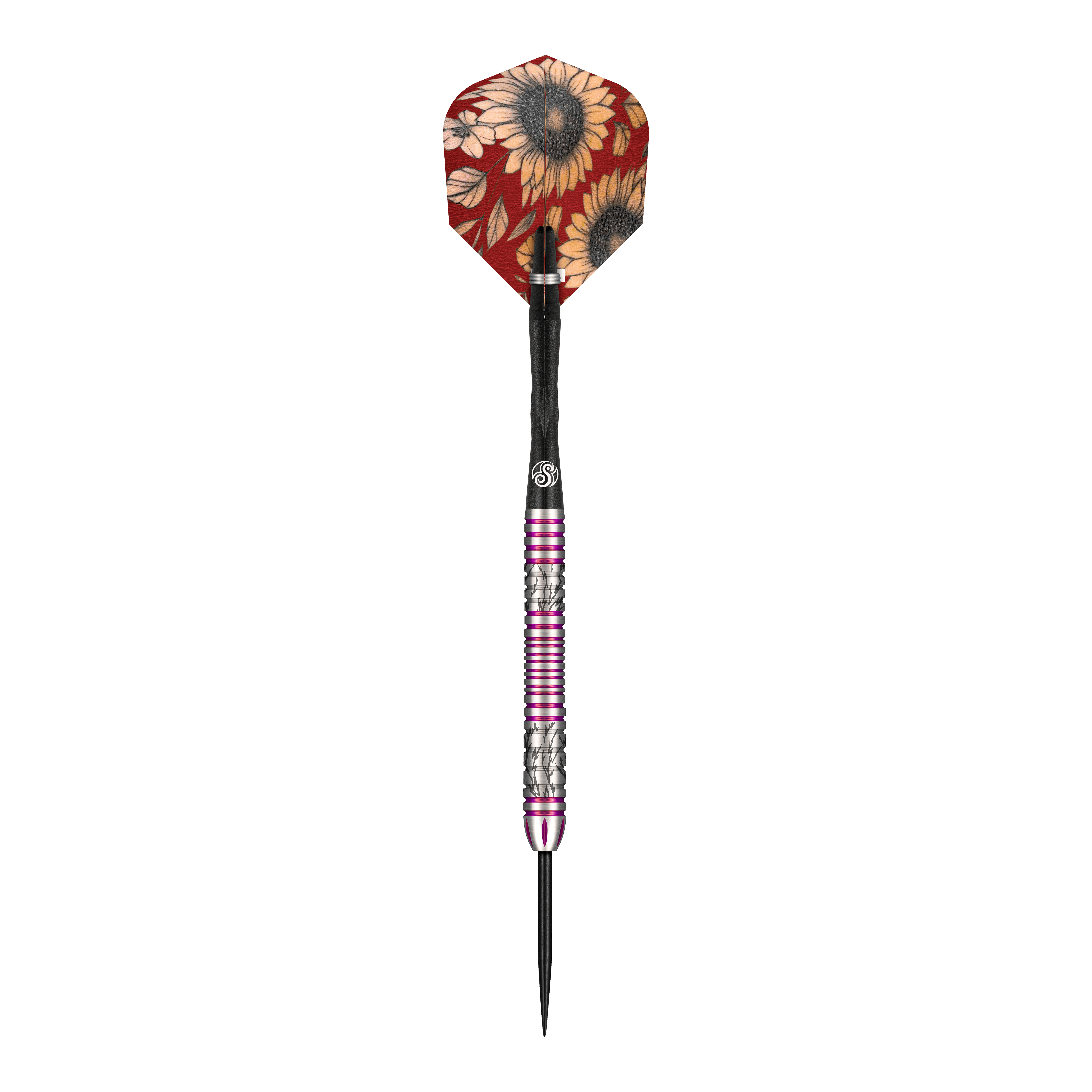 Shot Pro Series Barbora Hospodarska 2 Dardos de acero - 23g Das Bild zeigt einen Steeldartpfeil der Marke Shot Pro Series Barora Hospodarska mit einem Gewicht von 23 Gramm. Der Dartpfeil hat eine bunte Flights mit Sonnenblumenmuster und einen silbernen Schaft mit pinkfarbenen Ringen.