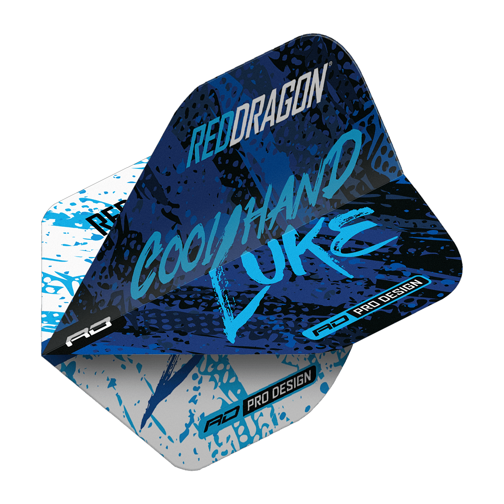 Mistr světa Red Dragon Luke Humphries Blue White Yin Yang Standard Flights Das Bild zeigt ein Dart-Flight im Design "Red Dragon Luke Humphries World Champion Blue White Yin Yang Standard Flights". Auf dem Flight stehen die Worte "Cool Hand Luke" in blauer Schrift auf einem blau-weißen Hintergrund.