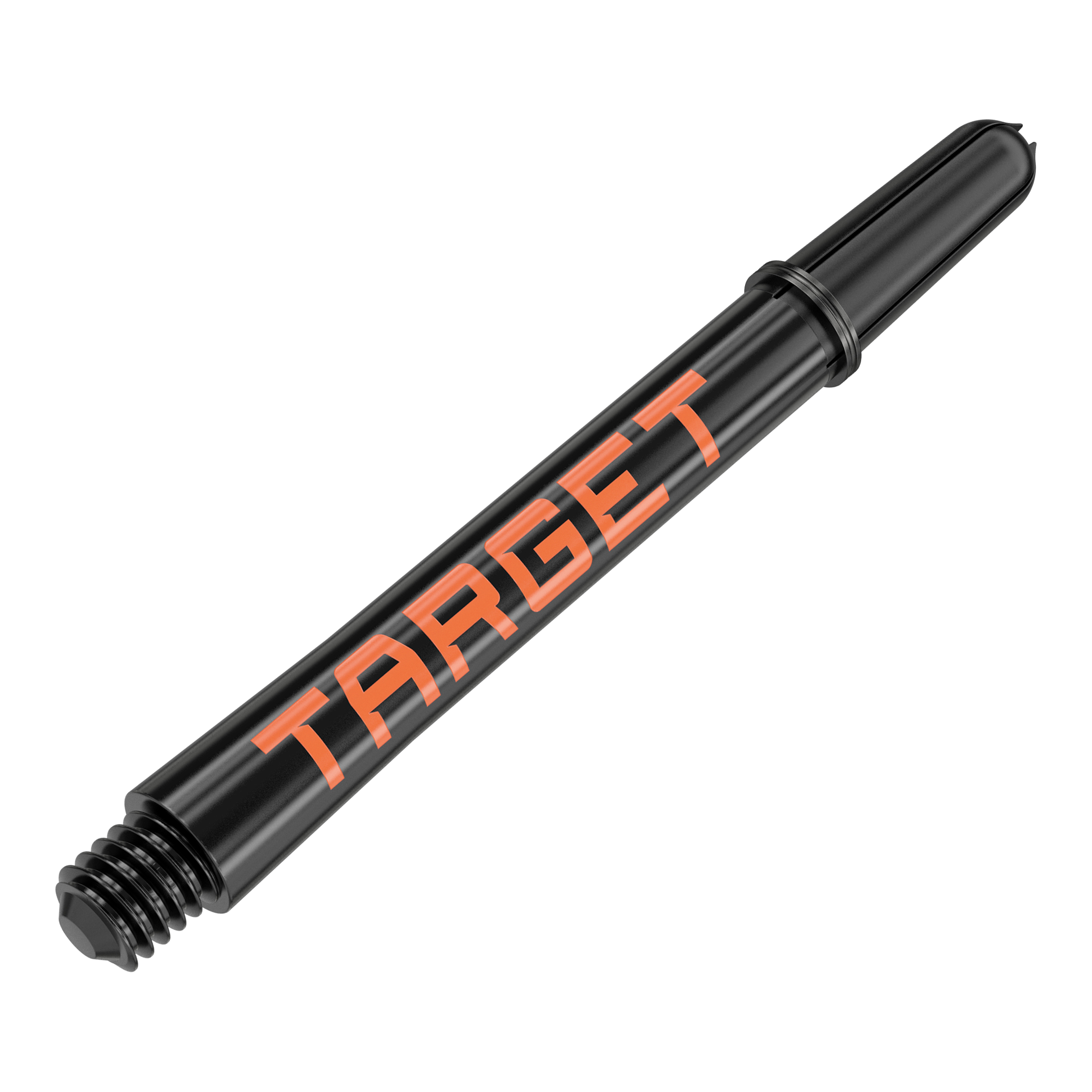 Target Pro Grip TAG Shafts - 3 Sets - Black Orange Das Bild zeigt einen schwarzen Dart-Schaft mit orangener Aufschrift "TARGET". Der Schaft hat eine Länge von 48 mm und ist für den Dartsport geeignet.