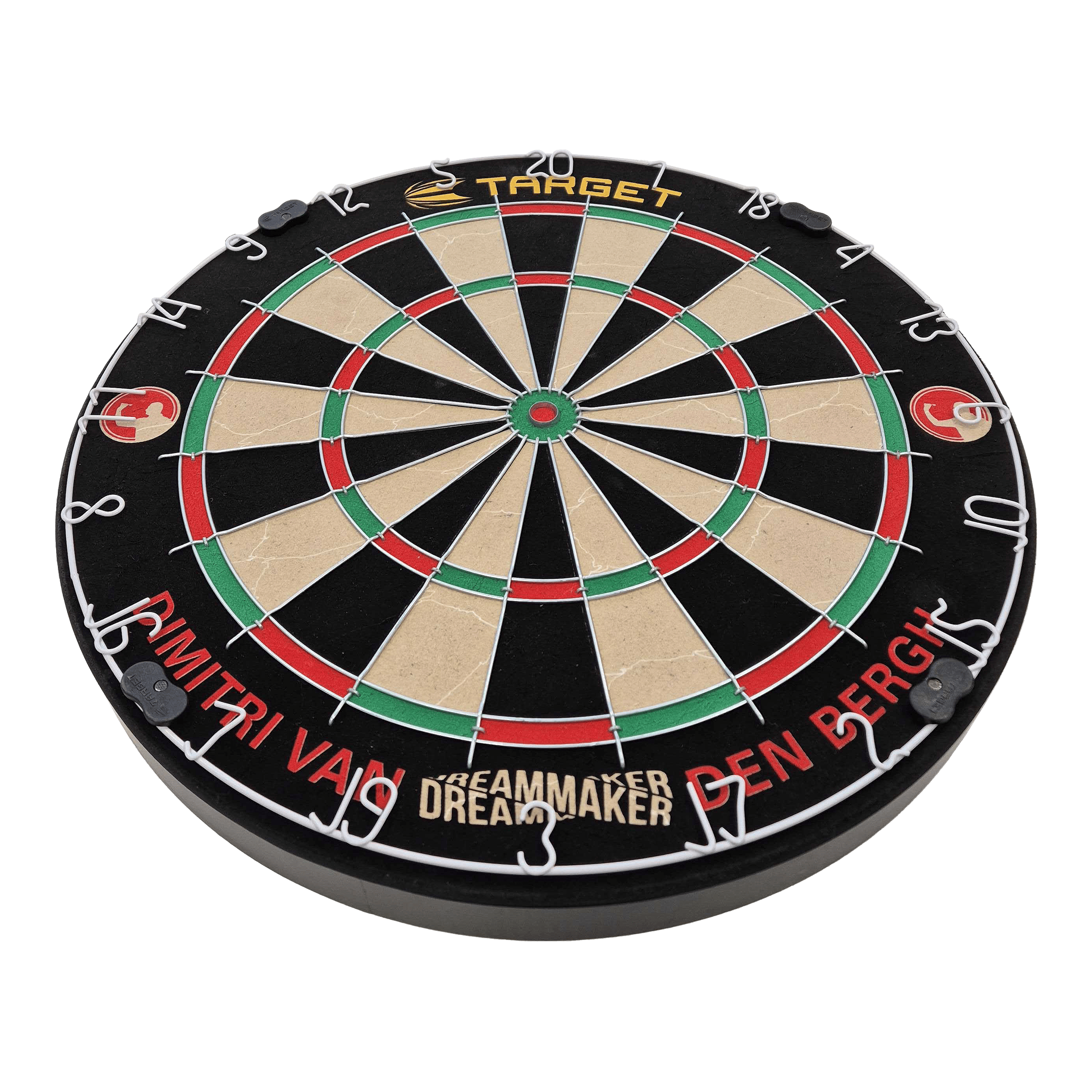 Target Dimitri Van Den Bergh steel dartboard set Das Bild zeigt eine Steeldart-Scheibe mit farbigen Feldern und Metallabtrennungen. Am Rand steht der Name "Dimitri Van Den Bergh" sowie der Schriftzug "Dreammaker".