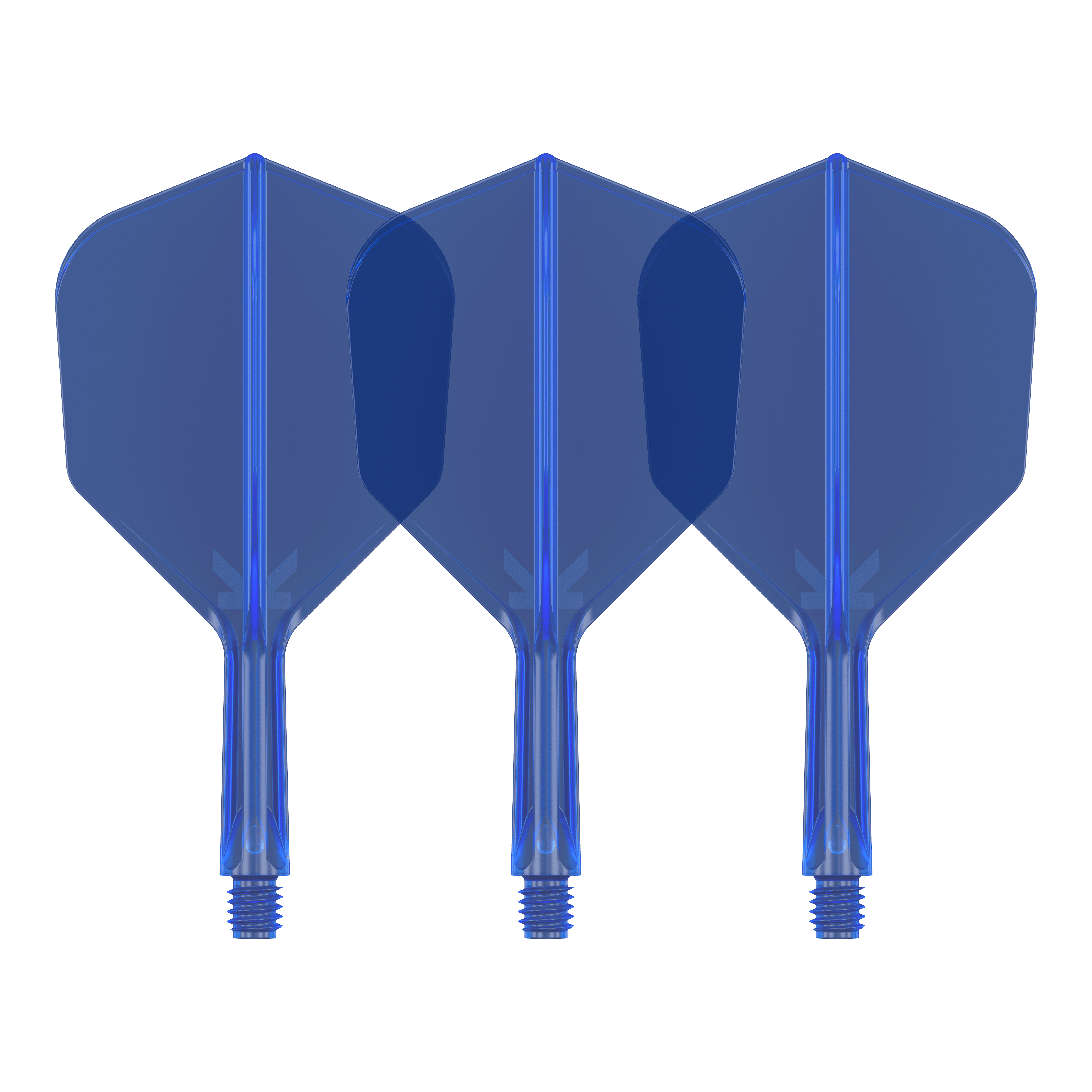 Target K-Flex No6 Flight System - Blue Auf dem Bild sind drei blaue Dartflights zu sehen. Sie stehen nebeneinander und haben eine sechseckige Form.