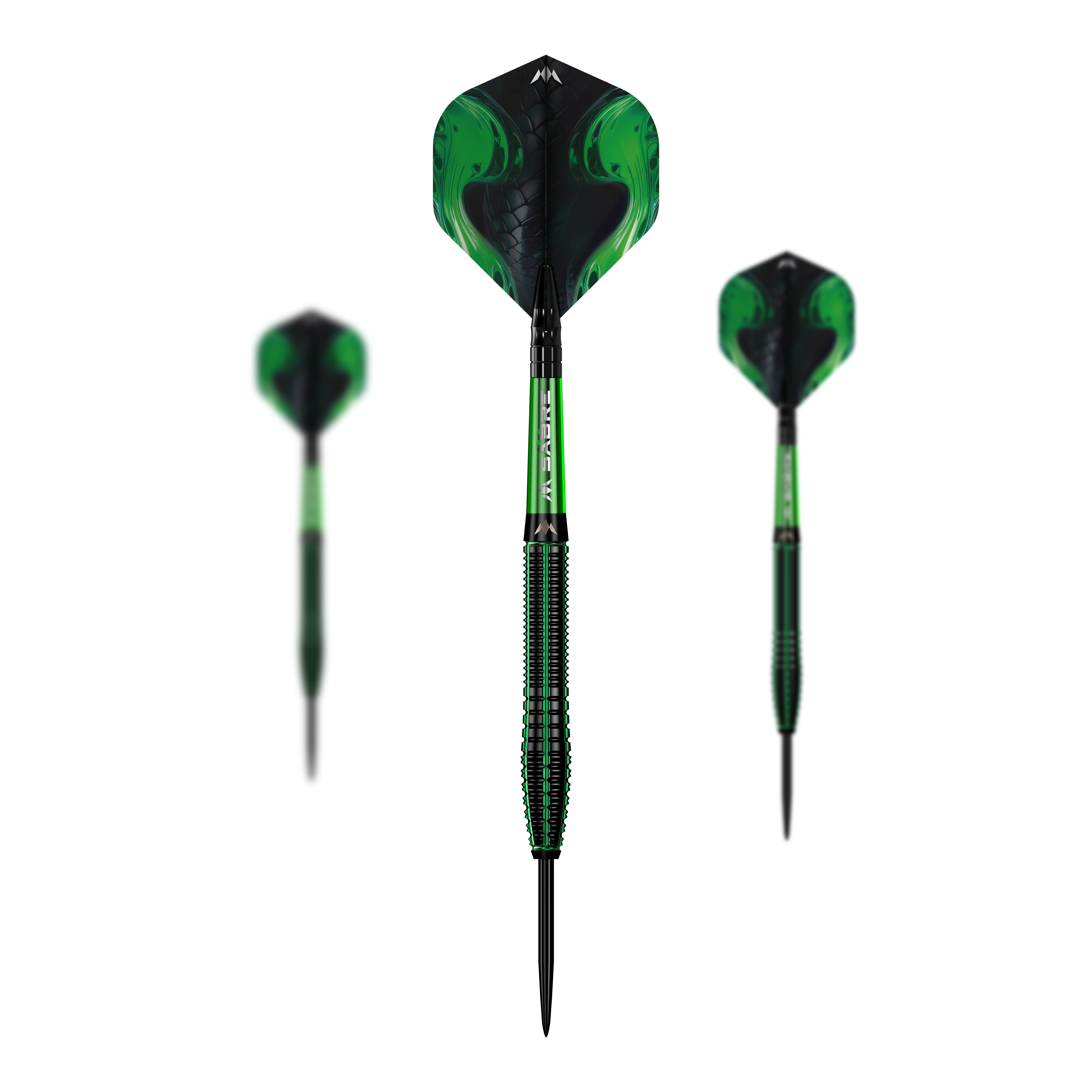 Ocelové šipky Mission Venom Das Set Mission Venom Steeldarts liegt sortiert im Bild. Das Material erscheint stabil.