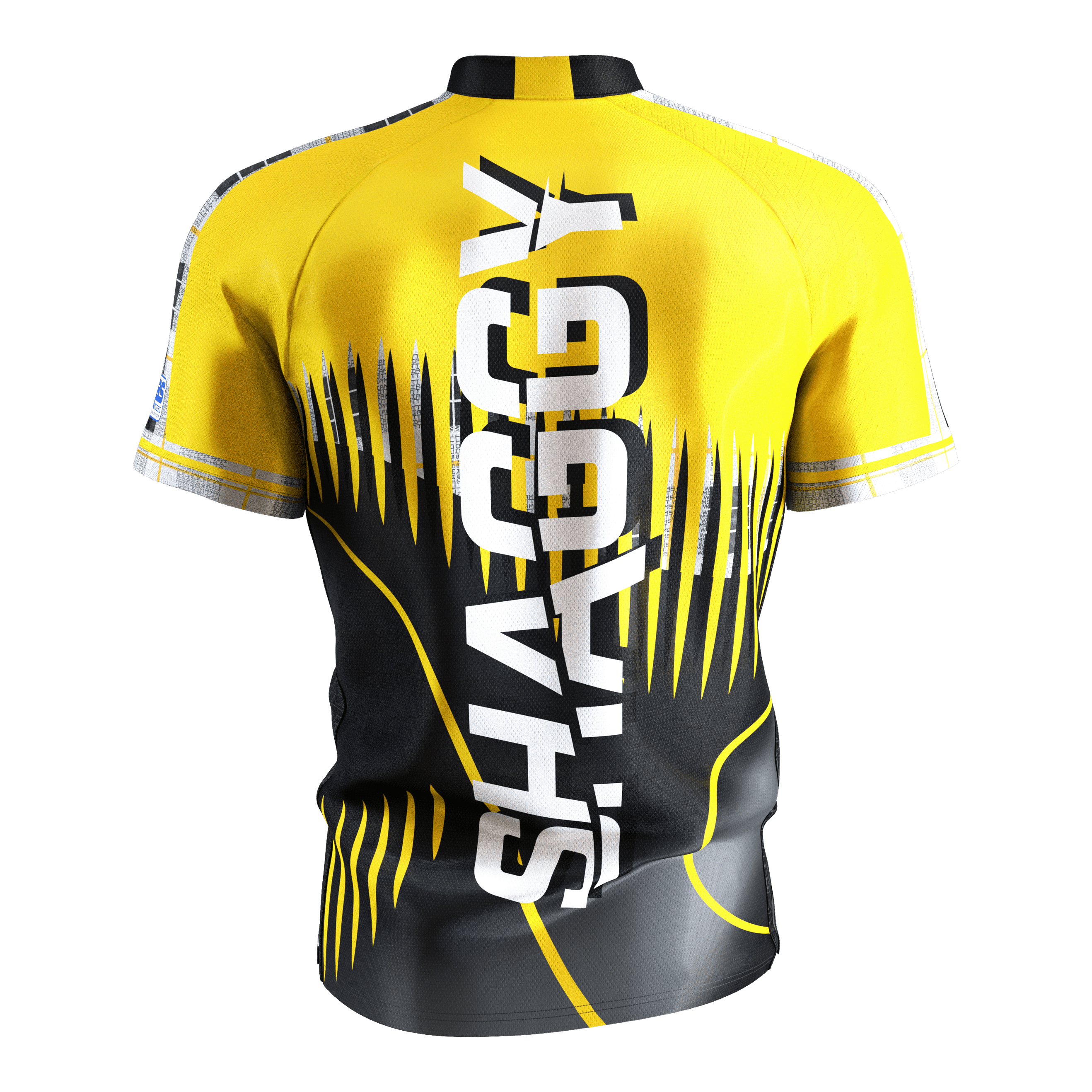 Koszulka do darta Target Coolplay Scott Williams 2025 Das Bild zeigt ein gelb-schwarzes Dartshirt mit dem großen weißen Schriftzug "SHAGGY" auf der Rückseite. Das Shirt hat ein auffälliges, modernes Design mit dynamischen Linien und Mustern.