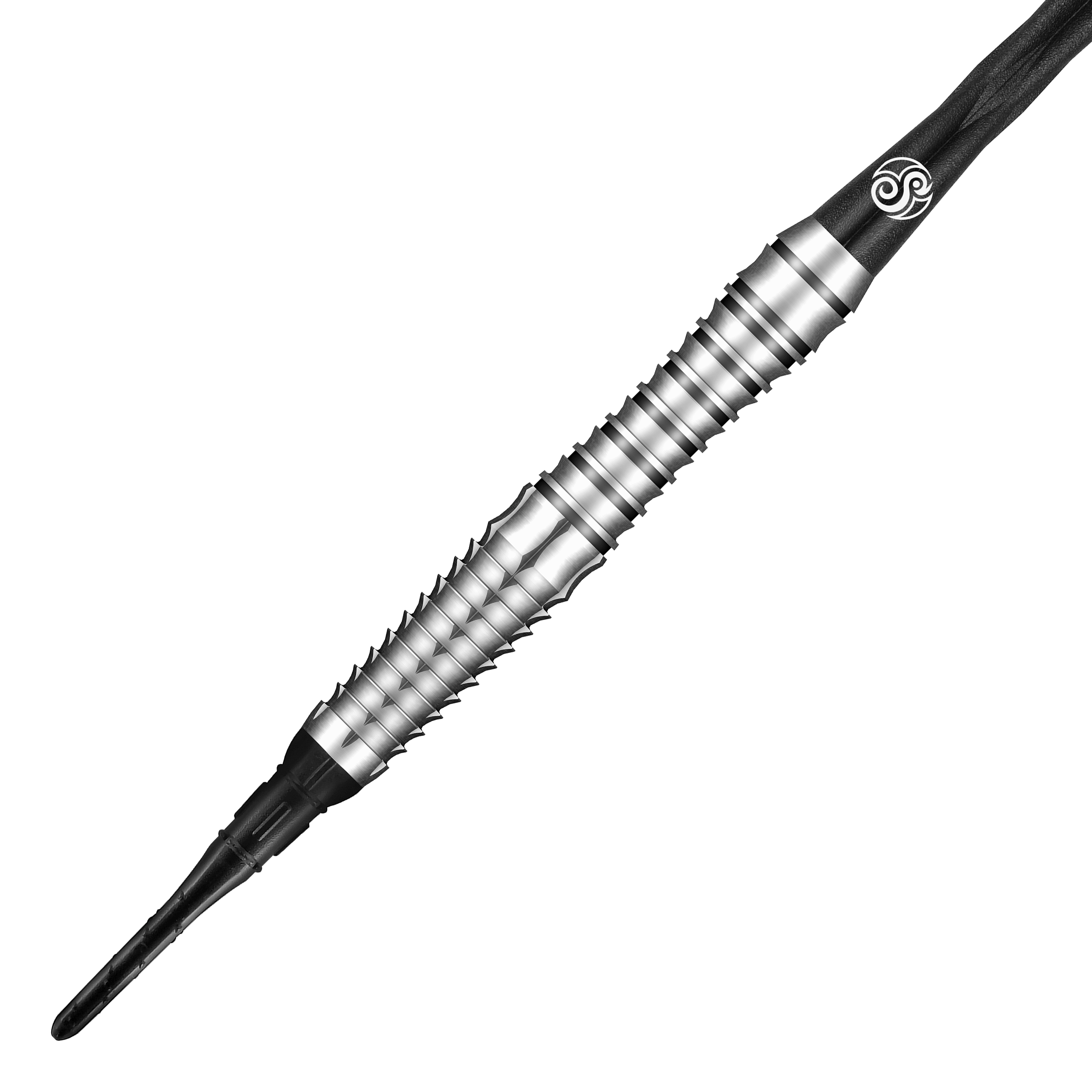 Shot Tribal Weapon Toki freccette morbide Das Bild zeigt einen Shot Tribal Weapon Toki Softdart. Der Dart ist silberfarben mit markanten Rillen und einem schwarzen Schaft.