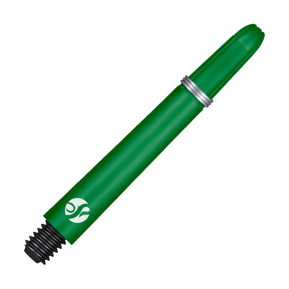 Dies ist ein grüner Dart-Schaft mit einem Metallring und einem schwarzen Gewinde. Er hat ein weißes Logo am unteren Ende.