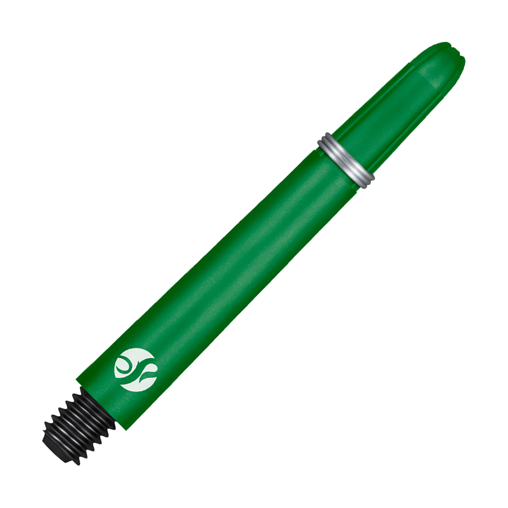 Shot Koi Carbon Shafts - Grün Dies ist ein grüner Dart-Schaft mit einem Metallring und einem schwarzen Gewinde. Er hat ein weißes Logo am unteren Ende.