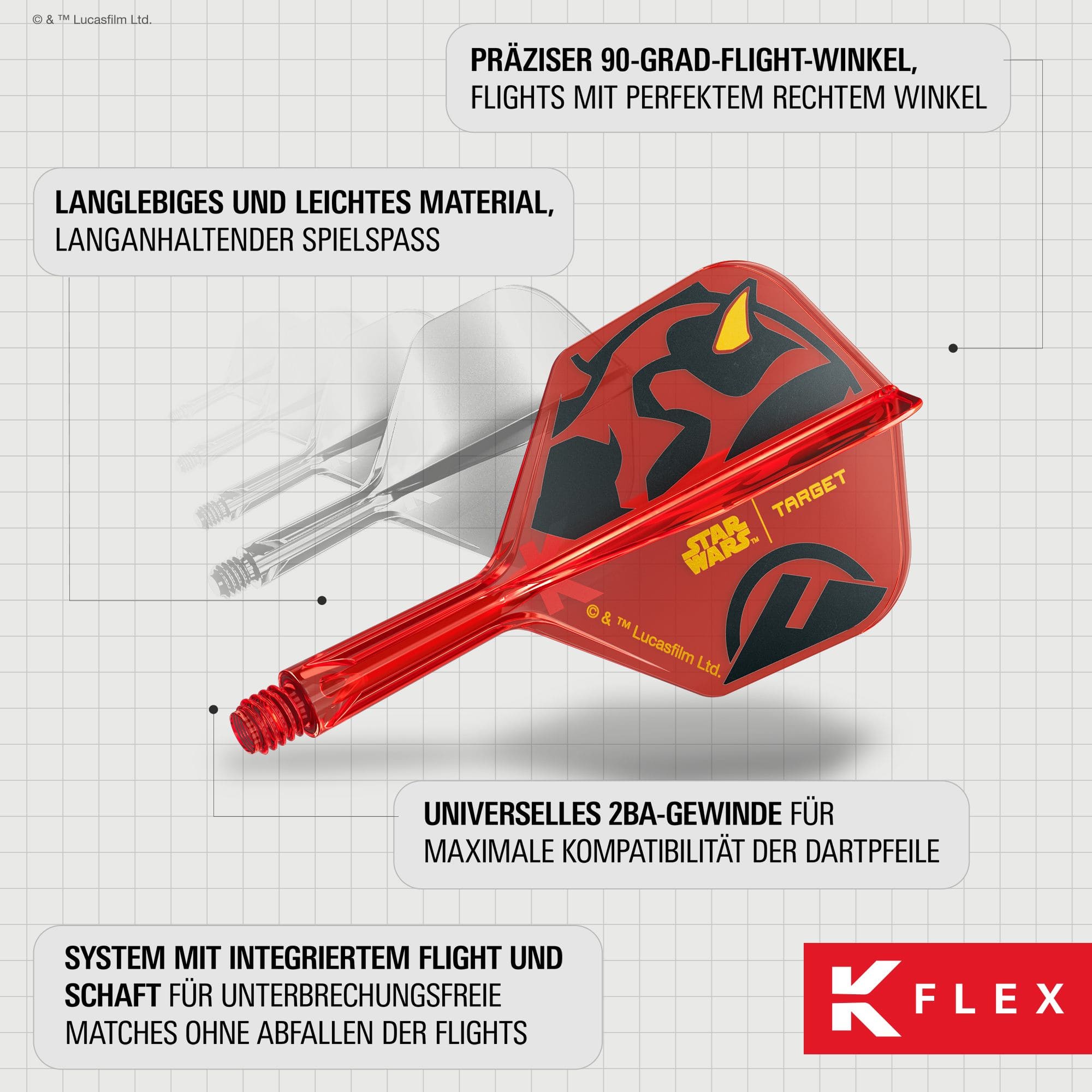 Alette standard Target Star Wars K-Flex Darth Maul No2 Auf dem Bild sieht man die Target Star Wars K-Flex Darth Maul No6 Flights. Die Dartflights zeigen ein Darth Maul Motiv aus dem Star Wars Universum.