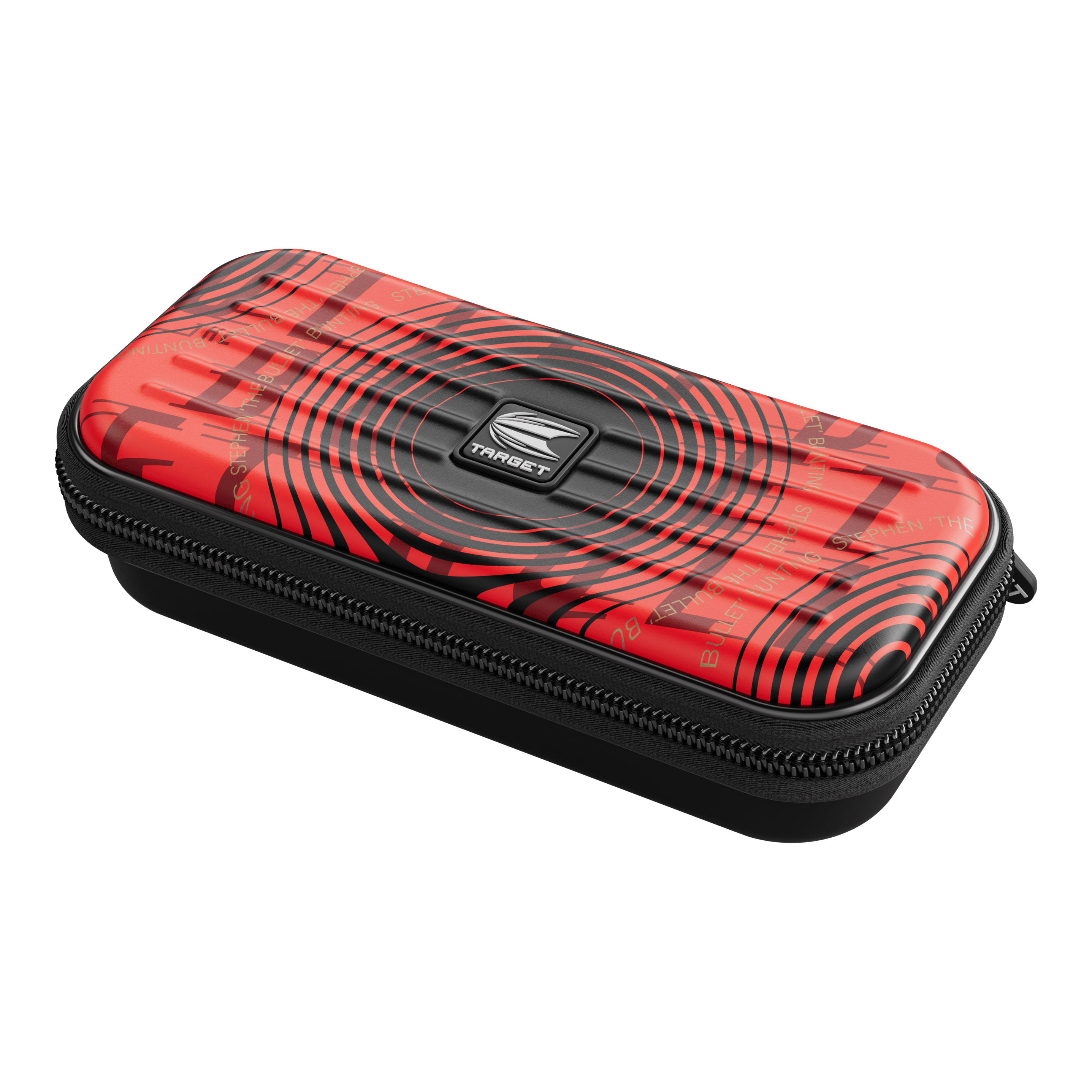 Pouzdro na šipky Target Takoma Stephen Bunting Das Bild zeigt das Produkt "Target Takoma Stephen Bunting Dartcase". Das Etui ist rot mit schwarzen Kreisen und hat einen Reißverschluss.