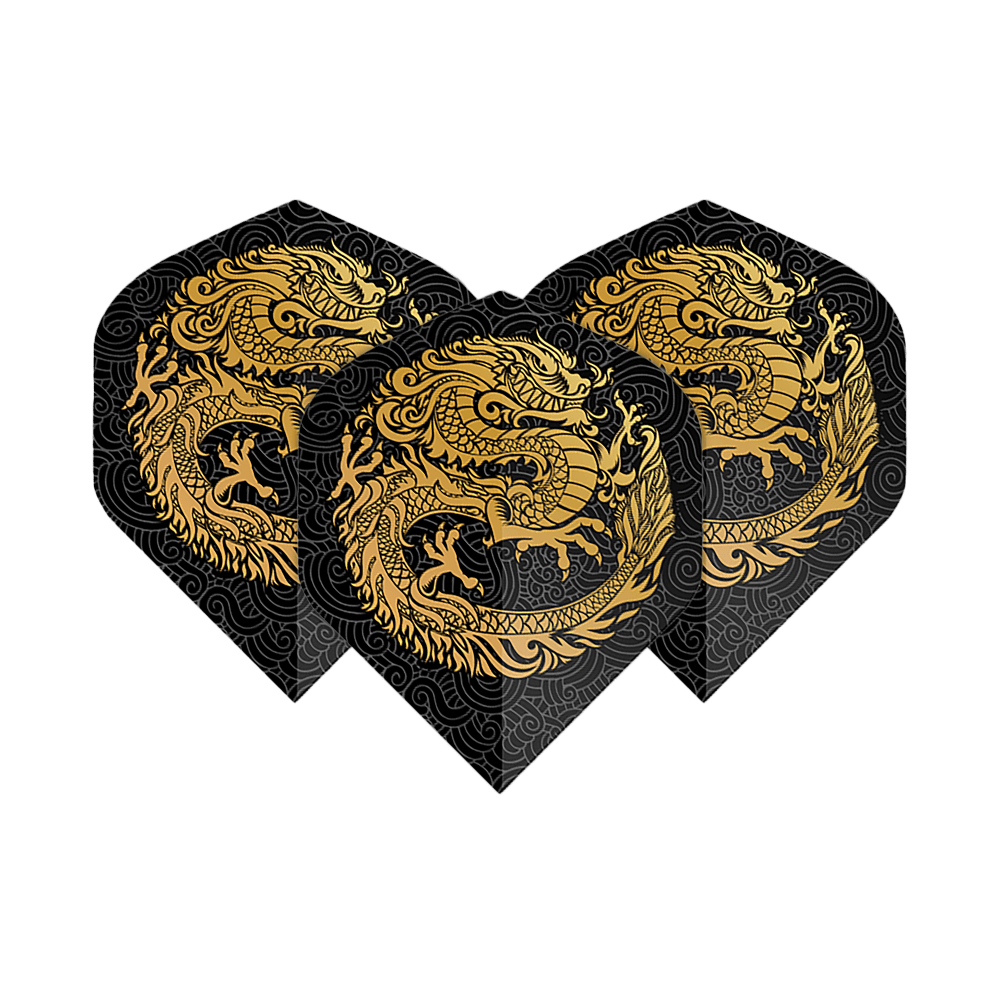 Pentathlonové lety Dragon black Das Bild zeigt drei Dart-Flights mit einem auffälligen goldenen Drachen-Design auf schwarzem Hintergrund. Die Flights sind vom Typ "Pentathlon Dragon 2 Standard".