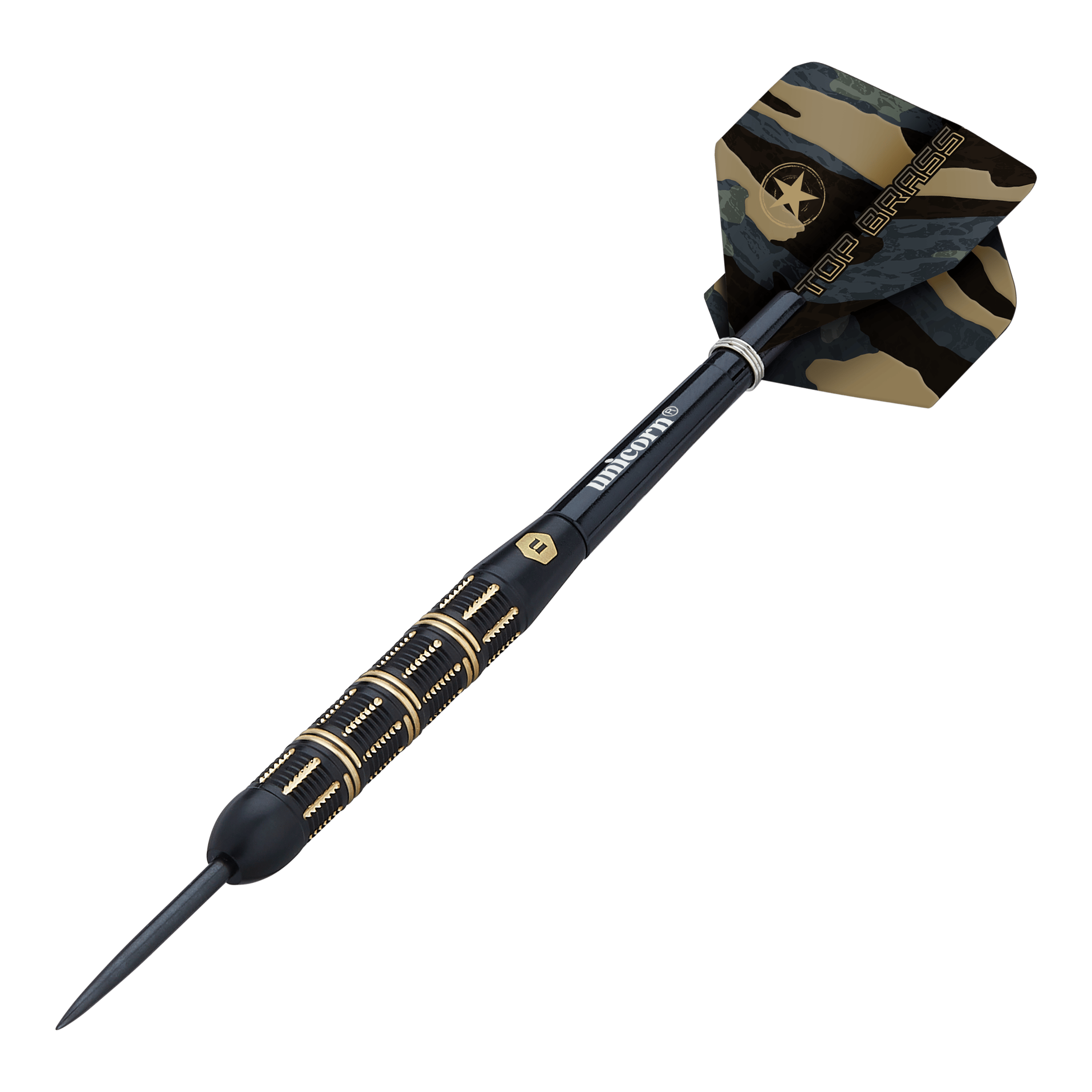 Steeldarts Unicorn Top Brass V3 - 21g Dies ist ein Steeldart der Marke Unicorn, Modell Top Brass V3 mit einem Gewicht von 21 Gramm. Der Dart hat ein schwarz-goldenes Design mit einer Tarnmuster-Flügel.