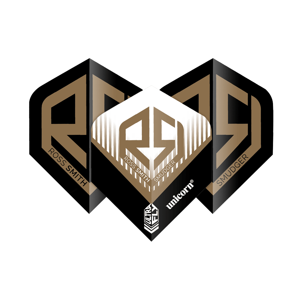 Letky Unicorn Ultrafly 100 Ross Smith Plus Das Bild zeigt die "Unicorn Ultrafly 100 Ross Smith Plus Flights" mit einem markanten goldenen RS-Logo auf schwarzem Hintergrund. Auf den Flights stehen die Namen "Ross Smith" und "Smudger" sowie das Unicorn-Logo.