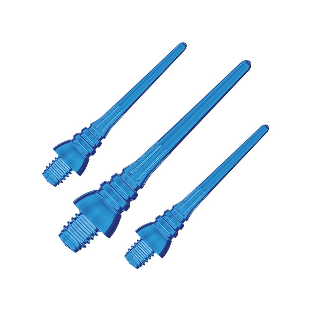 Winmau Triton Softtip Points Softdartspitzen (50-er Pack) Das Bild zeigt drei azurblaue Softdartspitzen mit Gewinde. Sie sind aus Kunststoff und eignen sich zum Einschrauben in Softdarts.