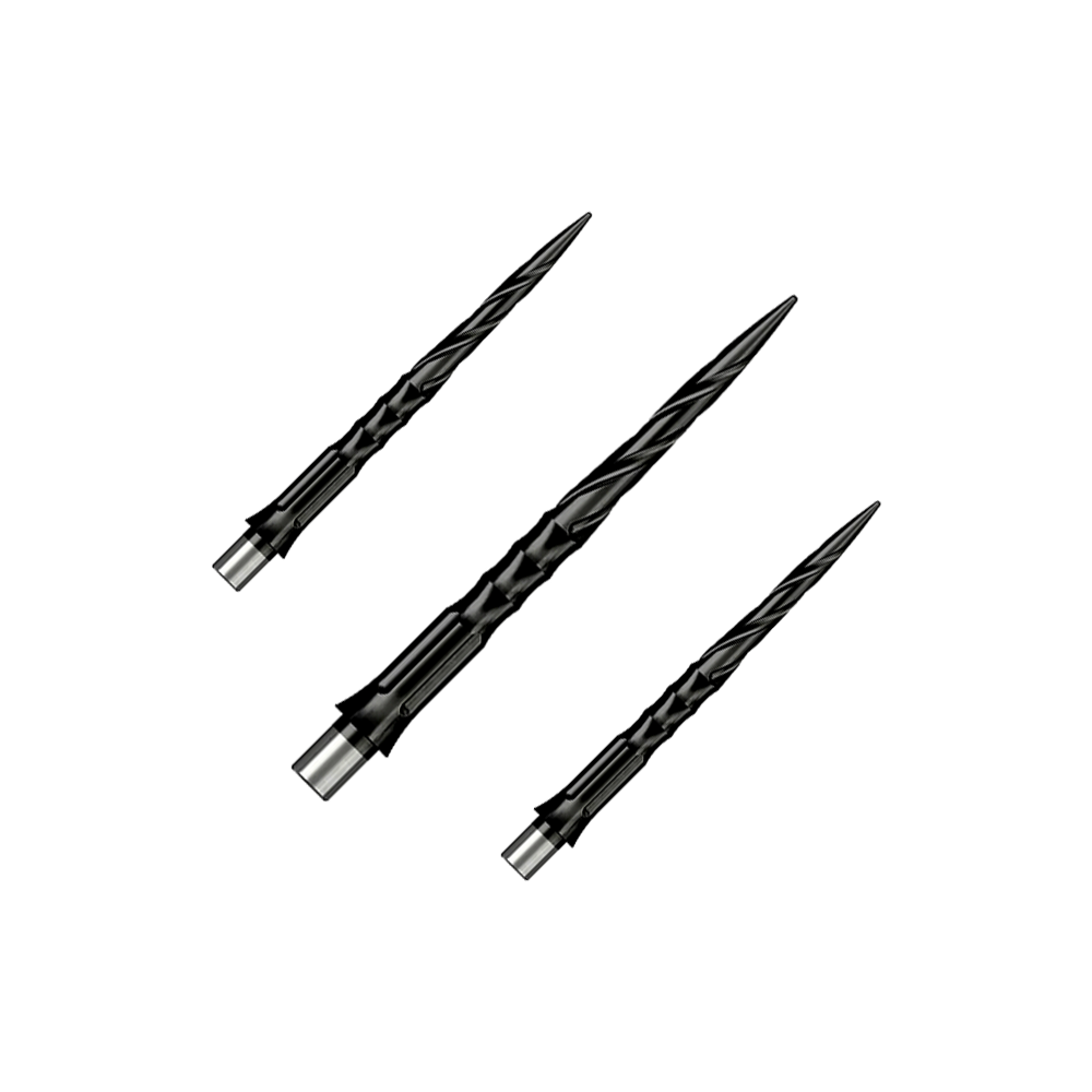 Puntas de dardos de acero Caliburn System - Spiro - Sin pestaña - Negras Zu sehen ist ein Set von Caliburn Evo System Steeldartspitzen Spiro NoLip Black, 28 mm. Die Spitzen eignen sich für professionelle Steeldartspiele.