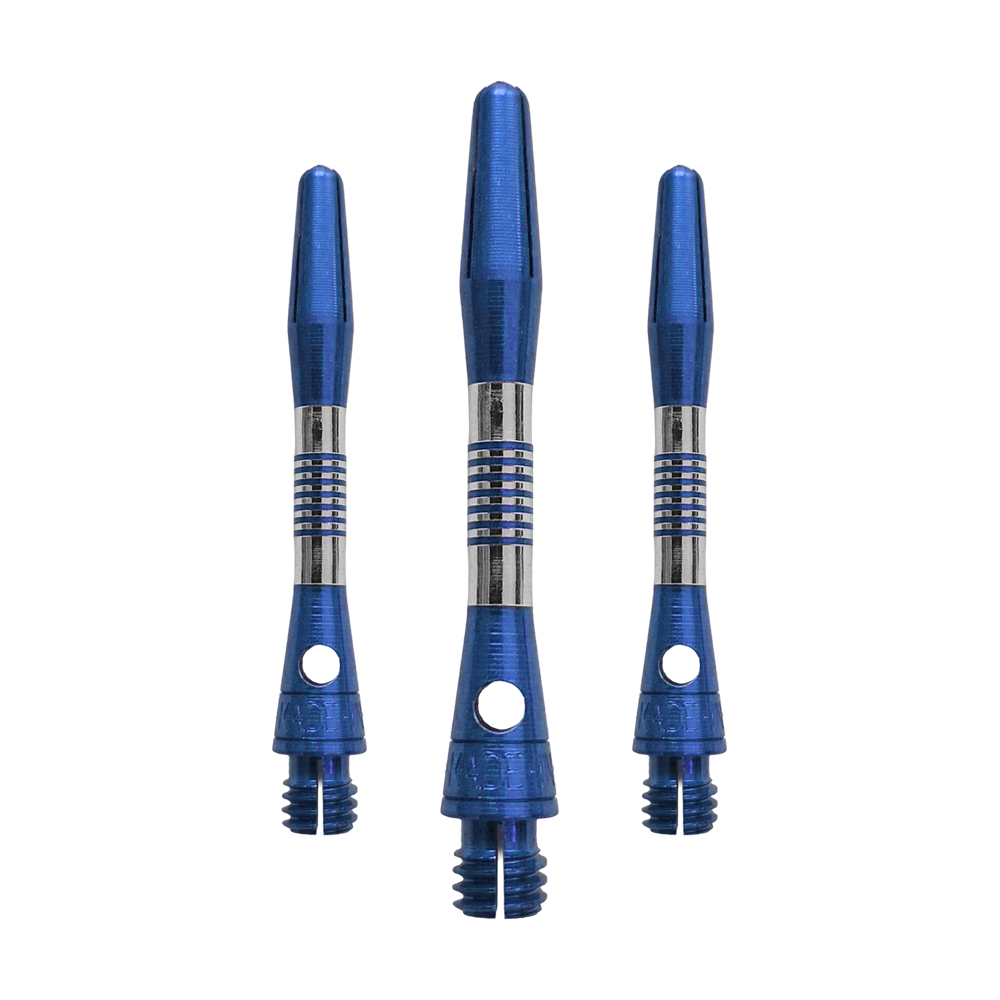 Dieses Bild zeigt blaue BullsNL Cetra Aluminium Shafts mit einer Länge von 34 mm. Es handelt sich um ein Set für Dartpfeile.
