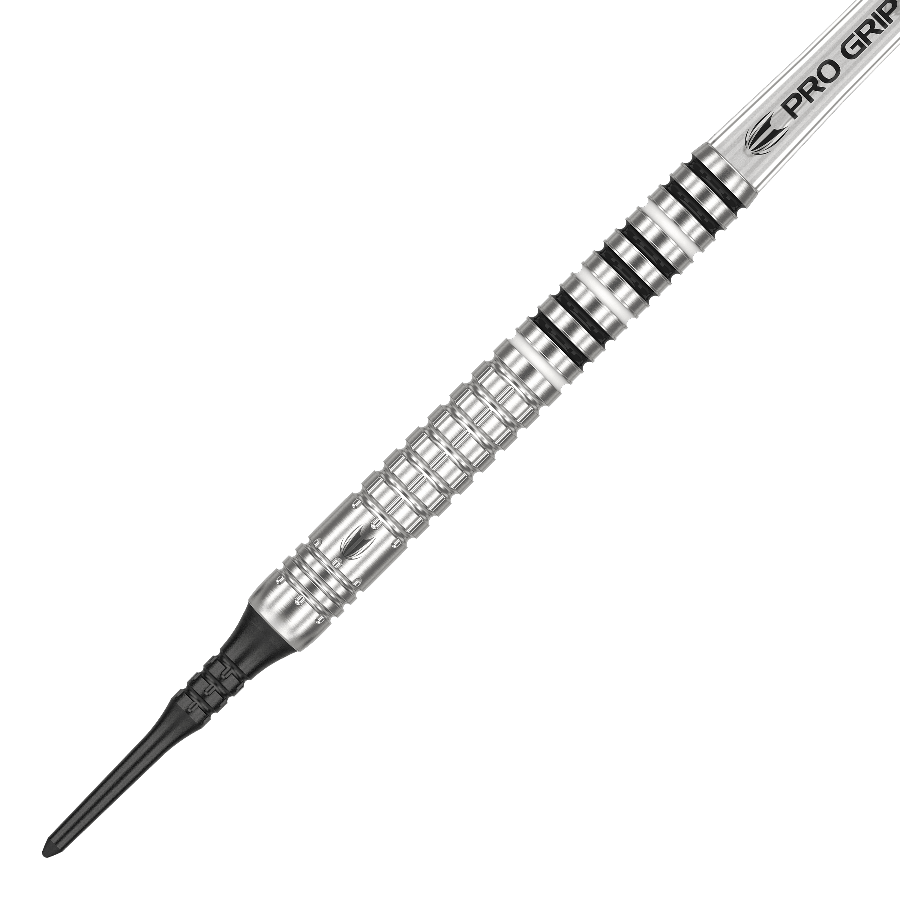 Target Chris Dobey GEN1 Softdarts - 19g Das Bild zeigt einen silbernen Softdartpfeil mit schwarzen Ringen und der Aufschrift "PRO GRIP". Es handelt sich um das Modell "Target Chris Dobey GEN1 Softdarts - 19g".
